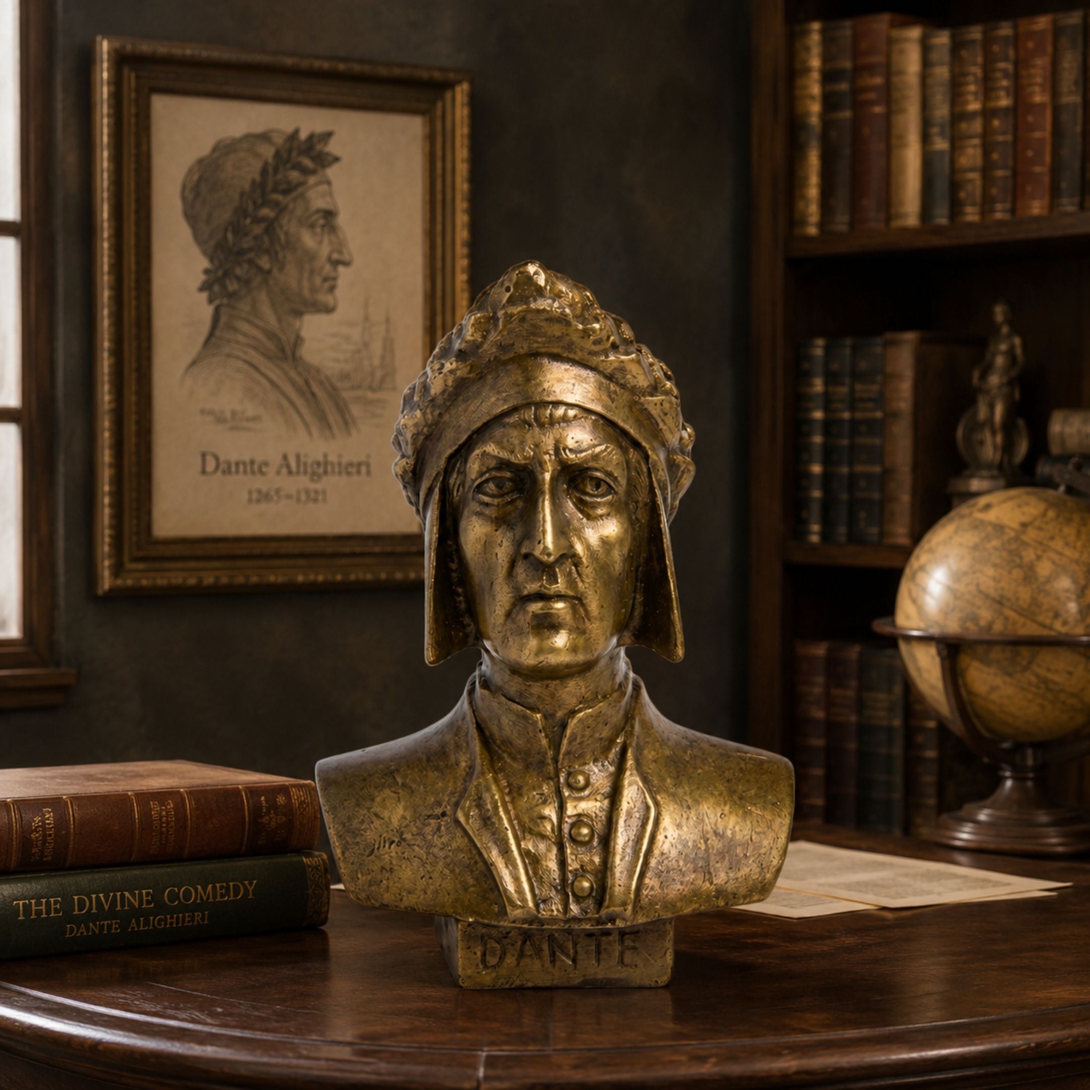 Classical Dante Alighieri Bronze Bust, 60cm, in gold-toned cast bronze on a library desk with books, a globe, and a framed Dante portrait.