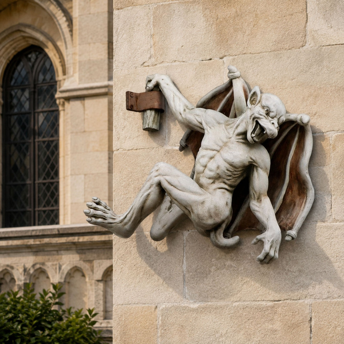 Classical Gargoyle Demon Bronze Wall Sculpture, 90cm, mounted on stone exterior wall, muscular bat-winged figure with clawed hands gripping a bracket, snarling expression, legs splayed.