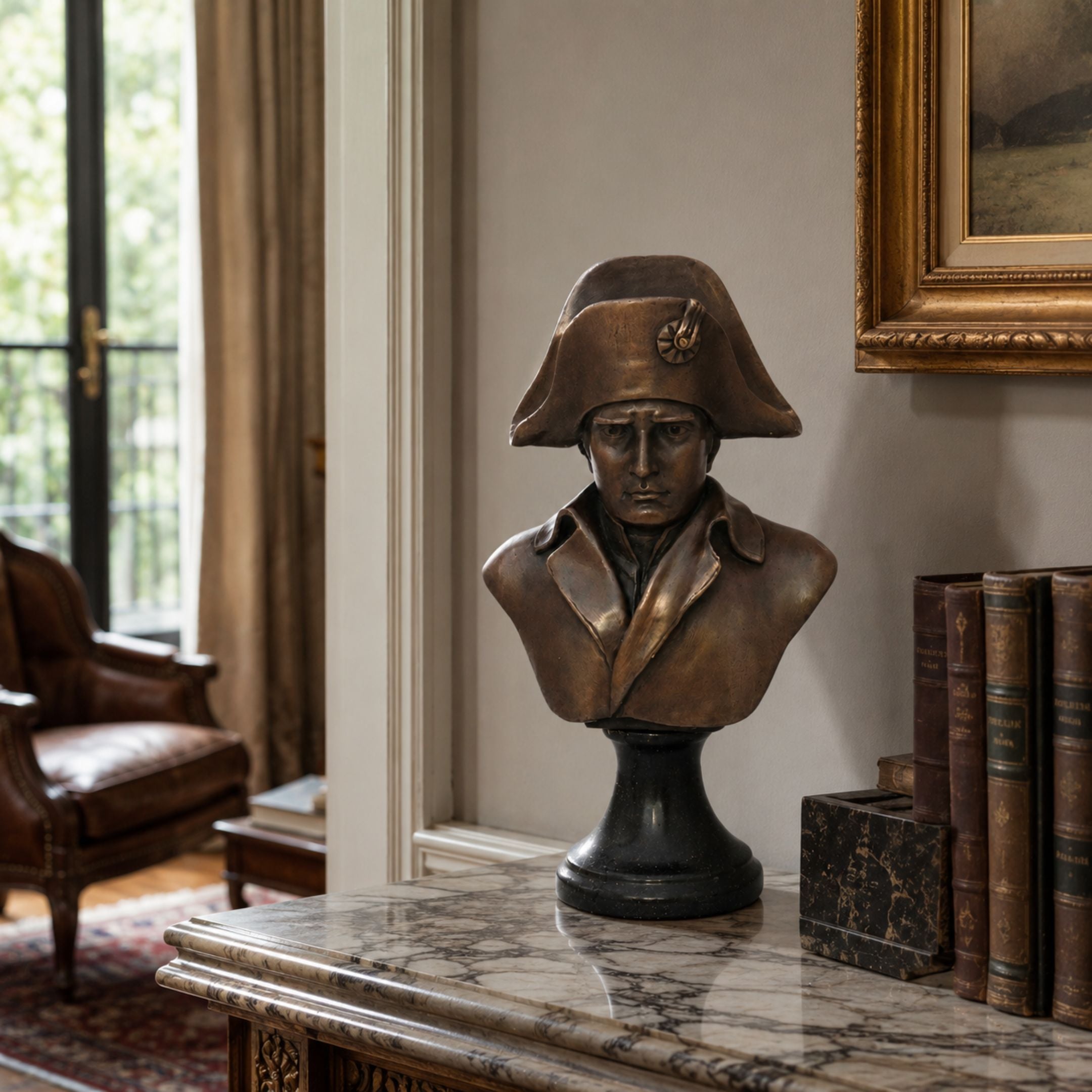 Classical Military Bust Bronze Bust, 60cm, in bicorne hat on dark pedestal atop a marble console, styled with leather chair and framed art in a living room.