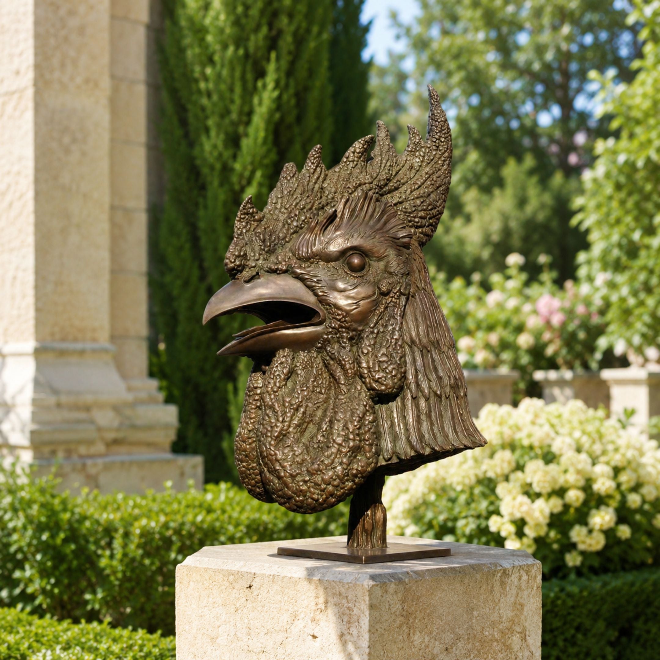 Contemporary Crowing Rooster Head Bronze Sculpture, 45cm, mid-crow with open beak, on a stone pedestal in a garden setting with greenery.