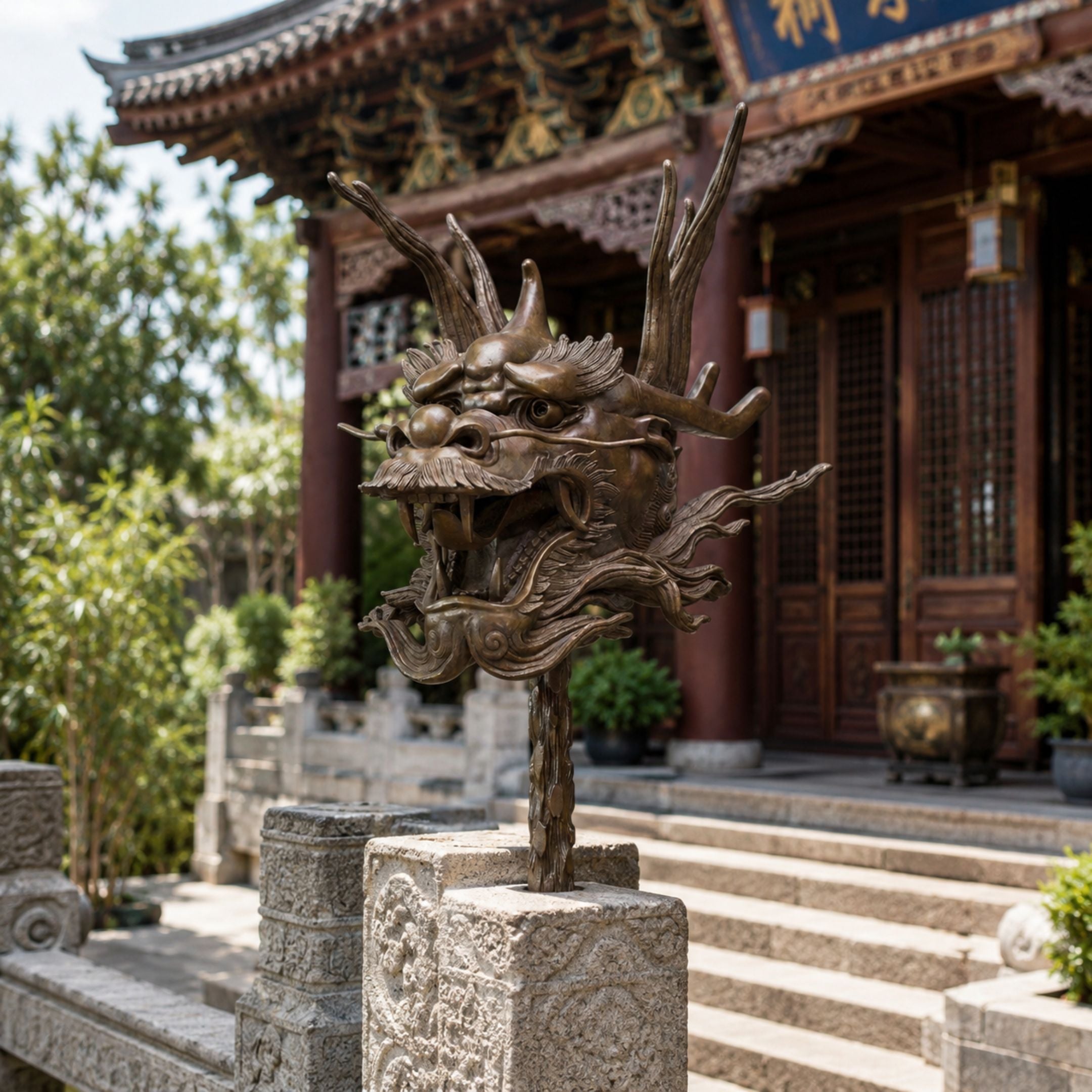 Traditional Chinese Dragon Head Bronze Sculpture, 45cm, mounted on a staff atop a carved stone post before a temple entrance with tiled eaves.