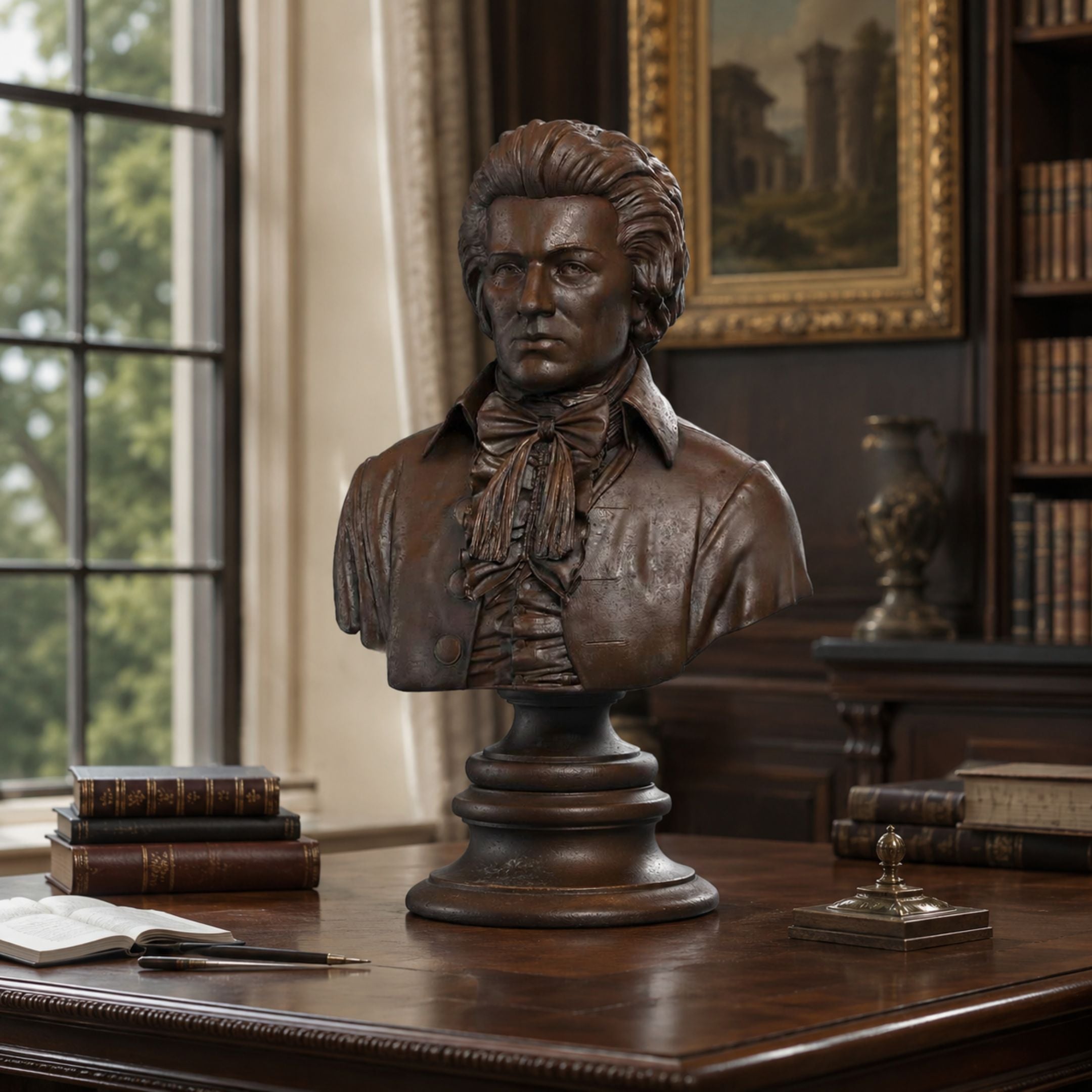 Classical Male Bust Bronze Bust, 80cm, in dark cast bronze on a round pedestal, displayed on a wooden desk in a library-style study.