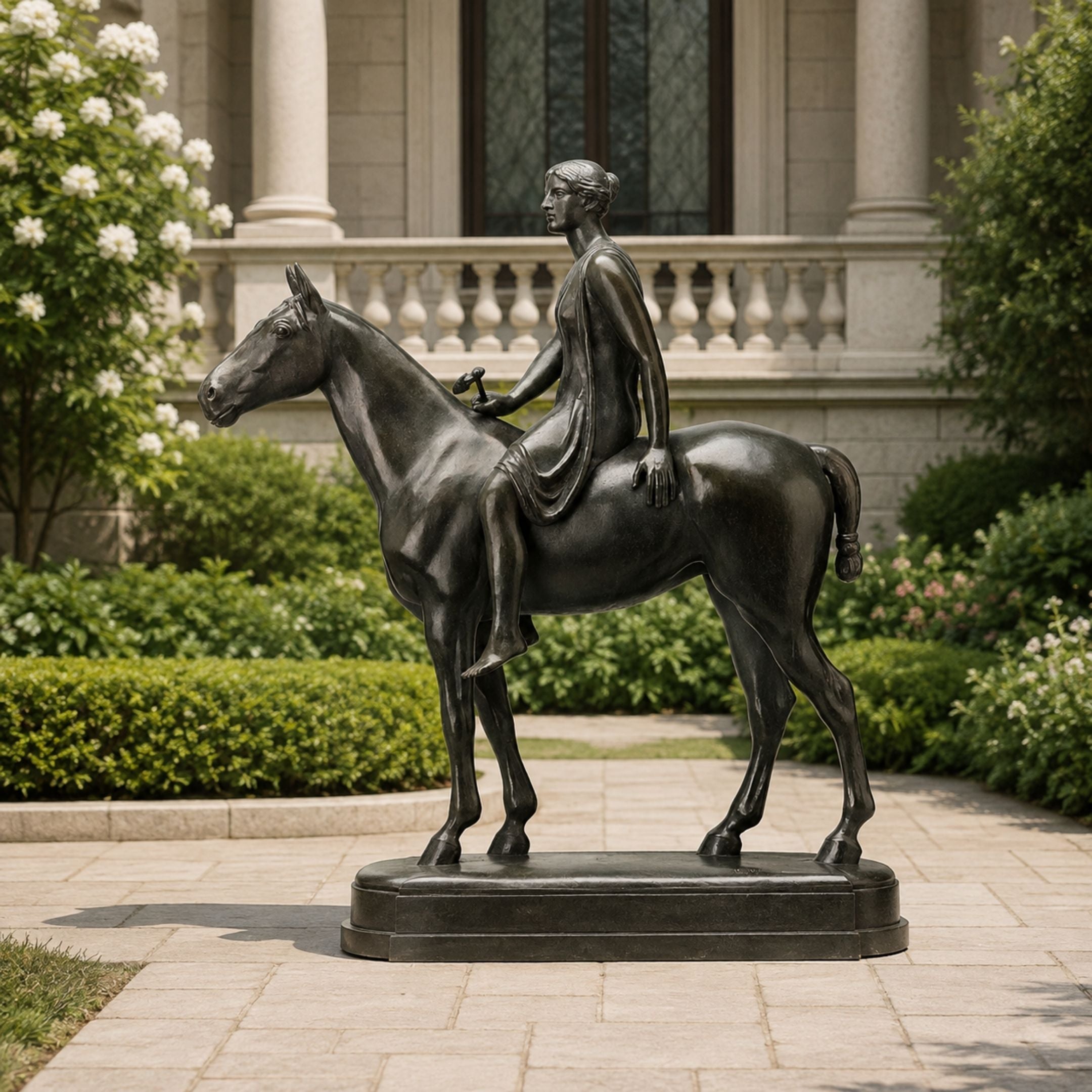 Life-Size Classical Robed Lady on Horse Bronze Sculpture, 120cm, side-saddle figure in draped robes on a standing horse, dark bronze finish, displayed outdoors on a stone base.