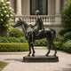Life-Size Classical Robed Lady on Horse Bronze Sculpture, 120cm, side-saddle figure in draped robes on a standing horse, dark bronze finish, displayed outdoors on a stone base.