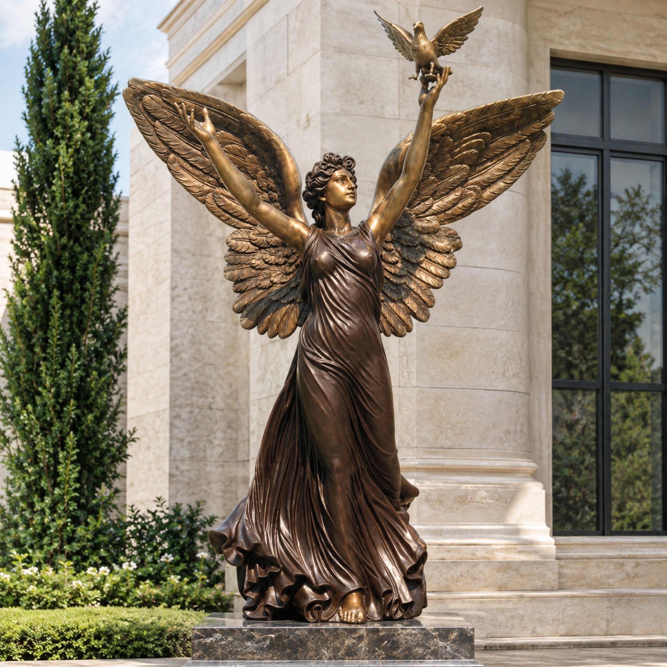 Monumental Classical Standing Angel Bronze Sculpture, 300cm, with spread feathered wings and raised hand releasing a dove, outside a stone building.