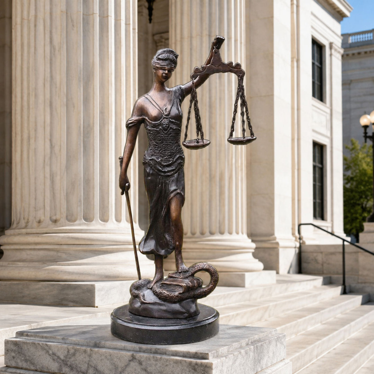 Large Classical Lady Justice Bronze Statue, 120cm, blindfolded figure with scales and rod, on marble base outside a columned building entrance.