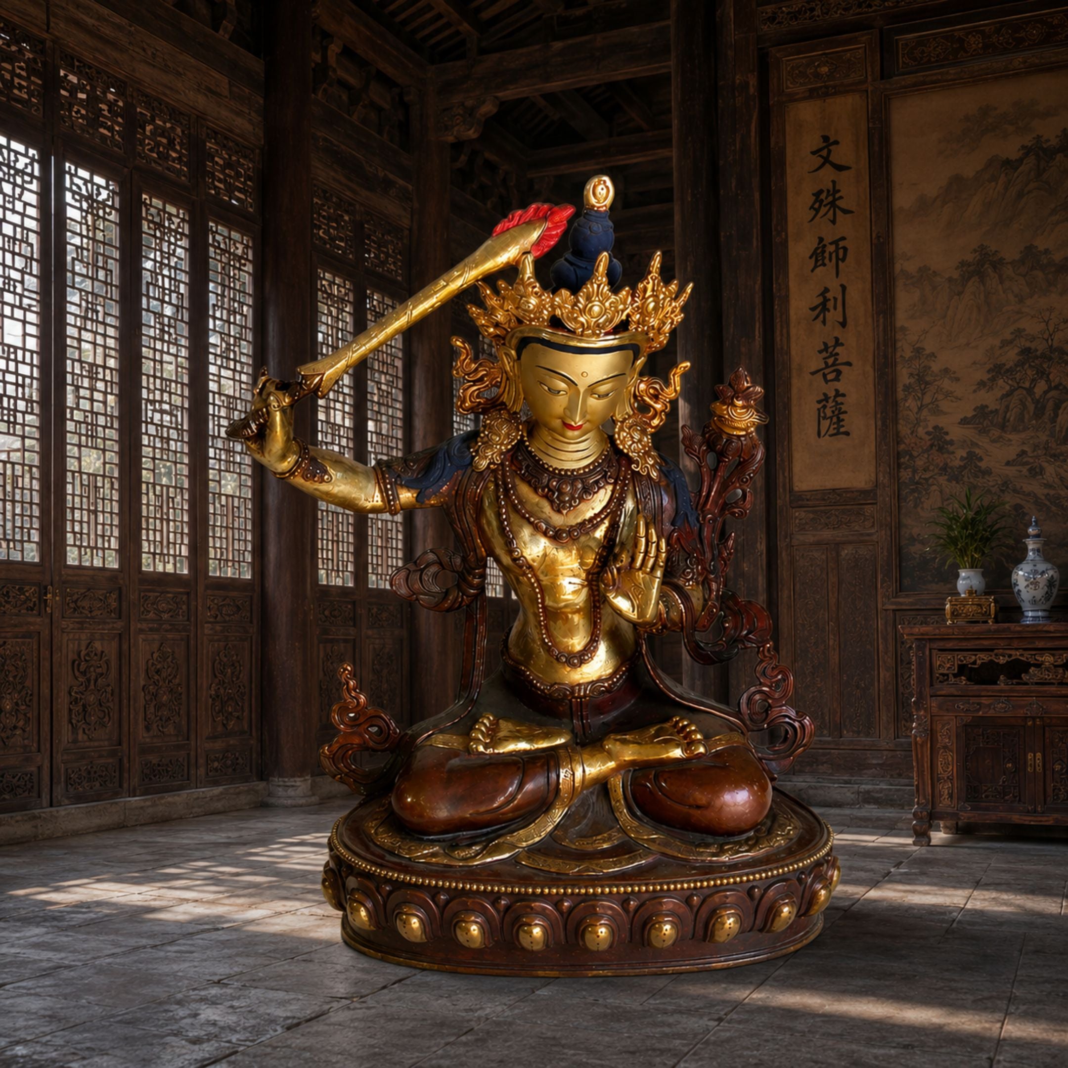 Monumental Traditional Manjushri Seated Bronze Sculpture, 300cm, gilded bronze figure in lotus pose with raised flaming sword, displayed on a lotus base in a wood-paneled hall.