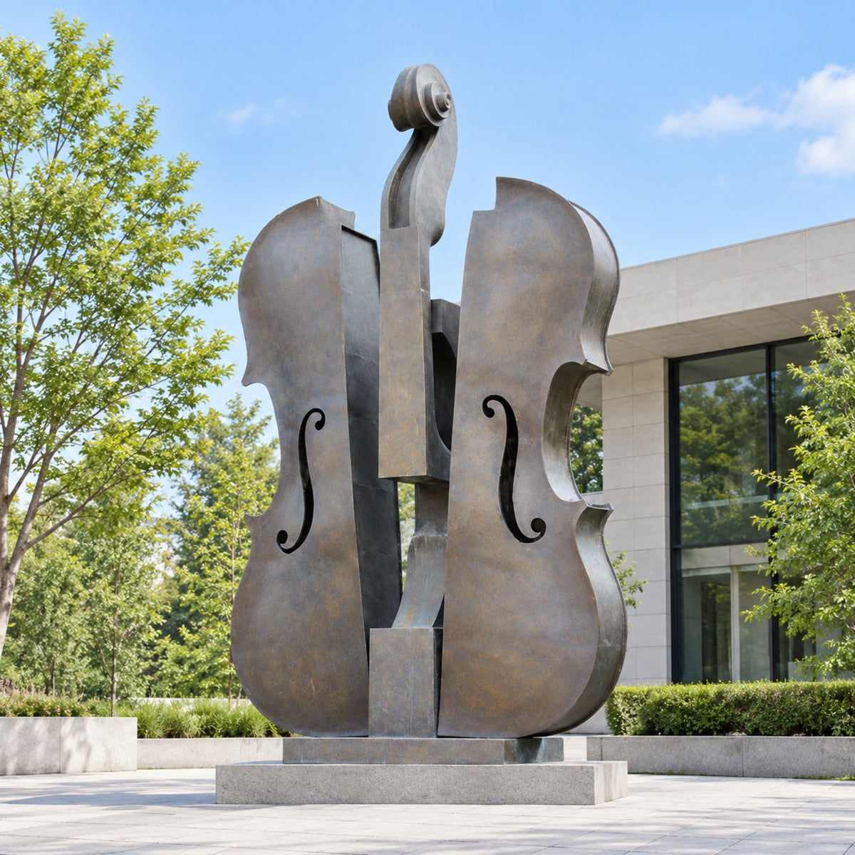 Monumental Modern Double Bass Bronze Sculpture, 350cm, showing two overlapping instrument silhouettes on a stone base outside a modern building with trees.