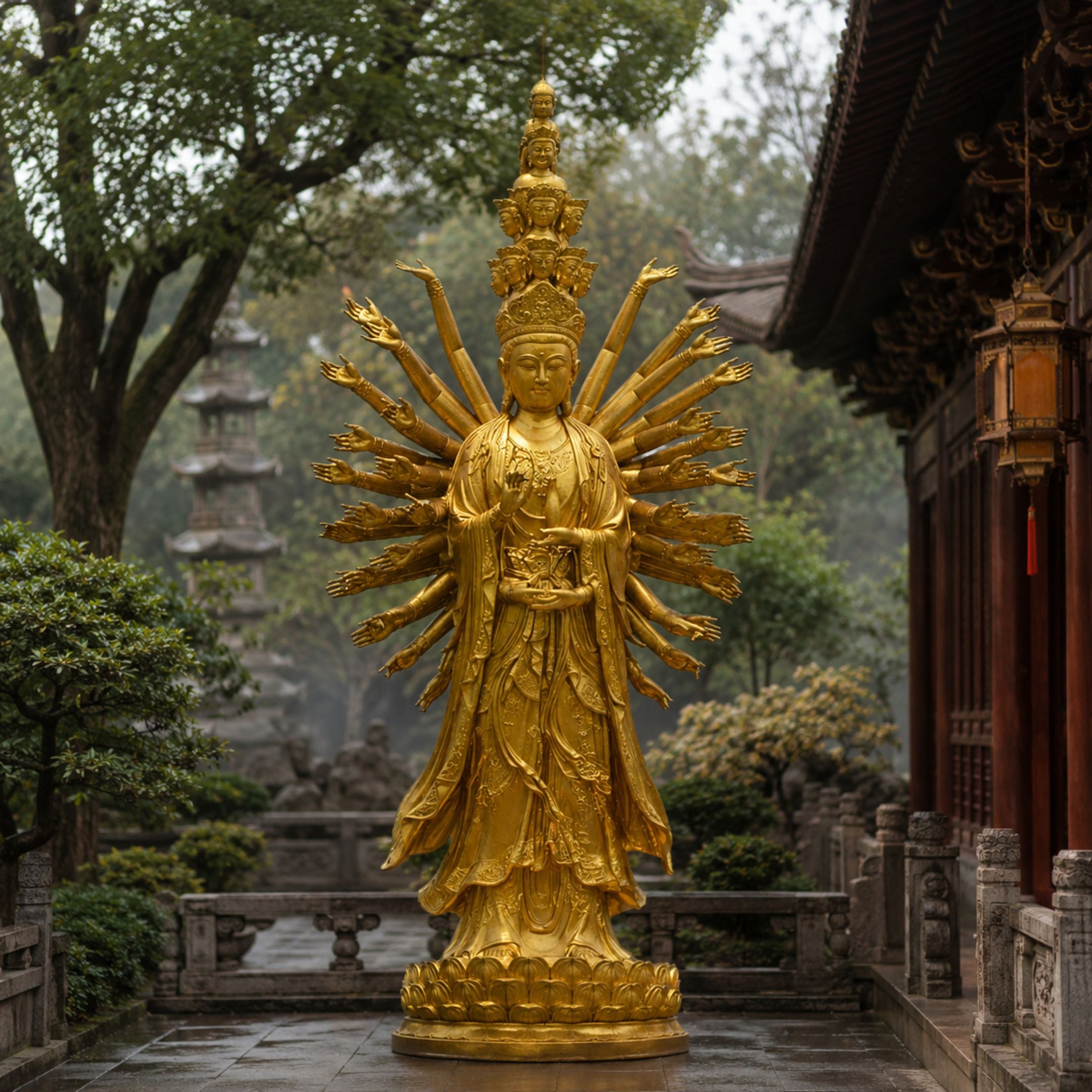 Monumental Traditional Thousand-Armed Guanyin Bronze Statue, 300cm, gilded multi-armed figure with stacked crowned heads on a lotus base at a temple courtyard.