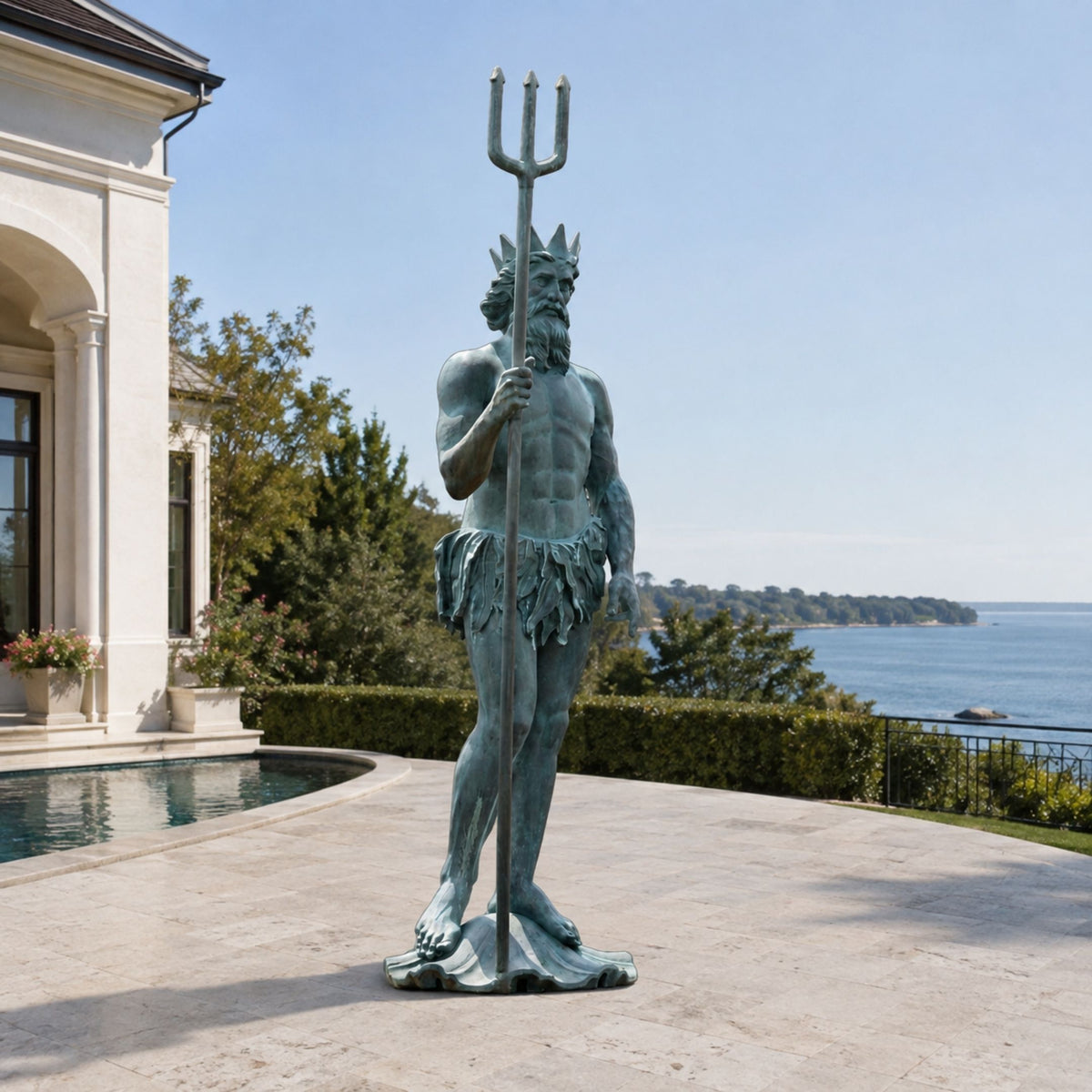 Large Classical Standing Poseidon Bronze Sculpture, 220cm, holding a trident on a poolside patio with sea and coastline in the background.