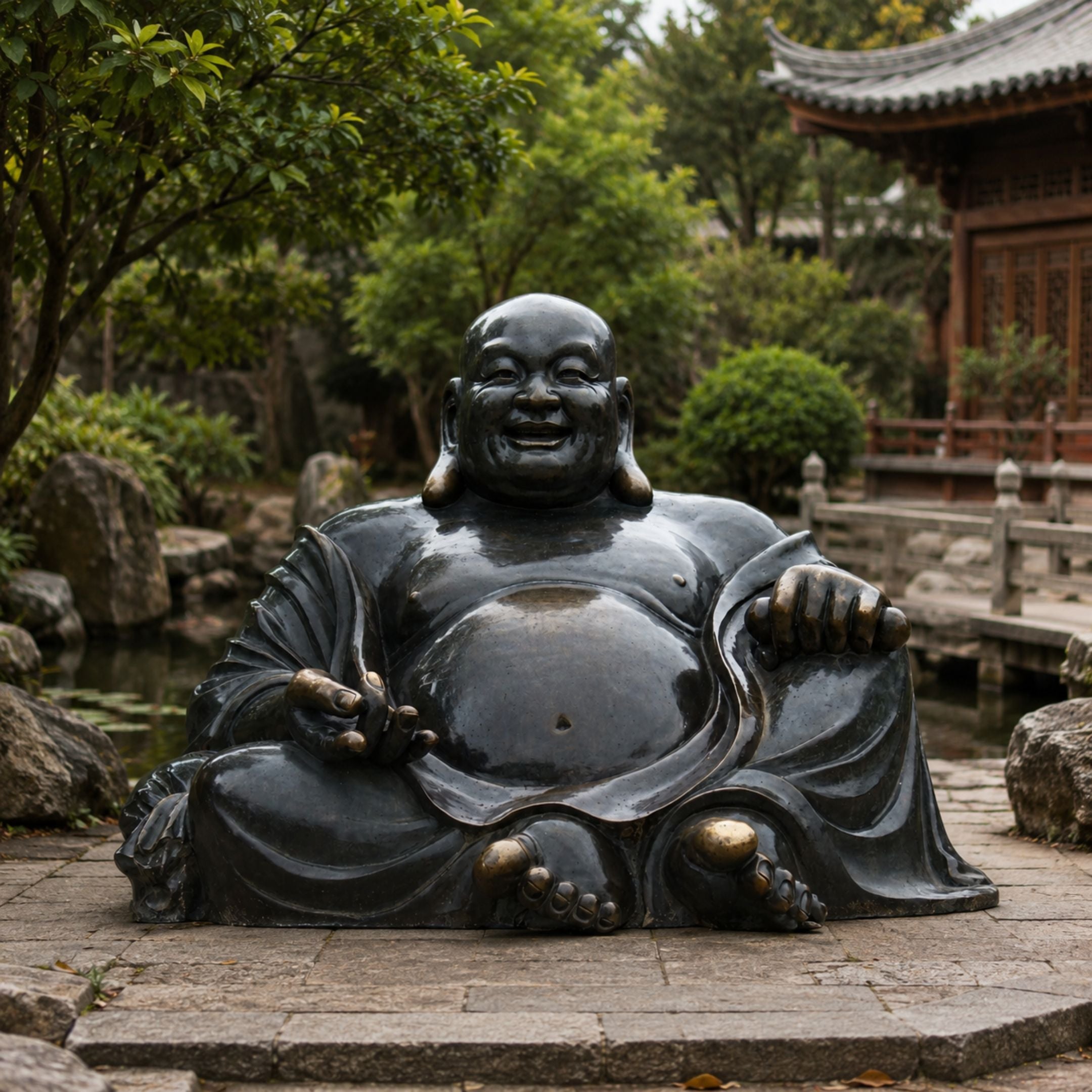 Life-Size Traditional Laughing Buddha Bronze Sculpture, 180cm, seated black bronze Budai with bare belly, laughing pose, on stone pavers in a garden setting.