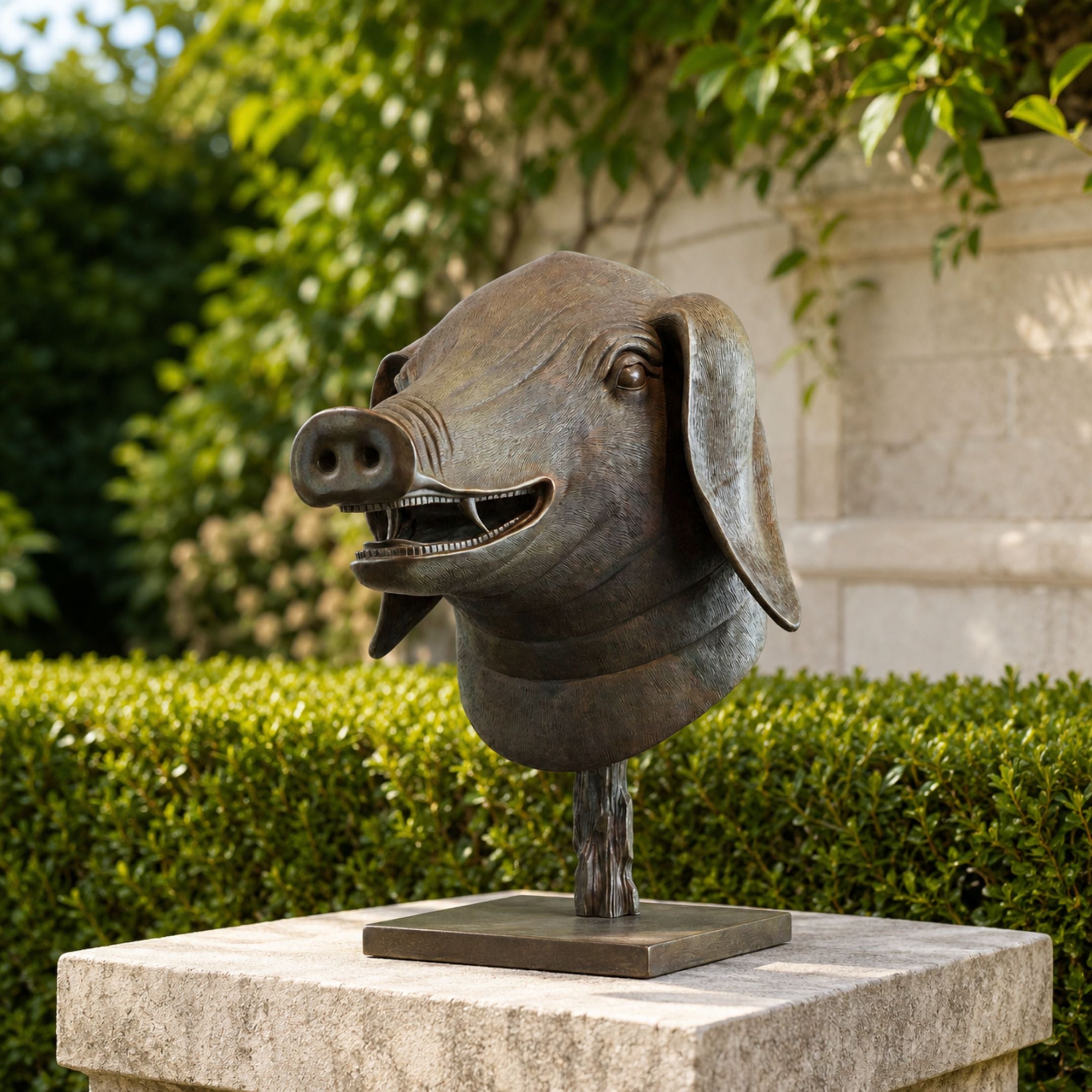 Contemporary Boar Head Bronze Sculpture, 45cm, open mouth showing detailed teeth, floppy ear, on twisted bronze stand, outdoor garden setting with hedges.
