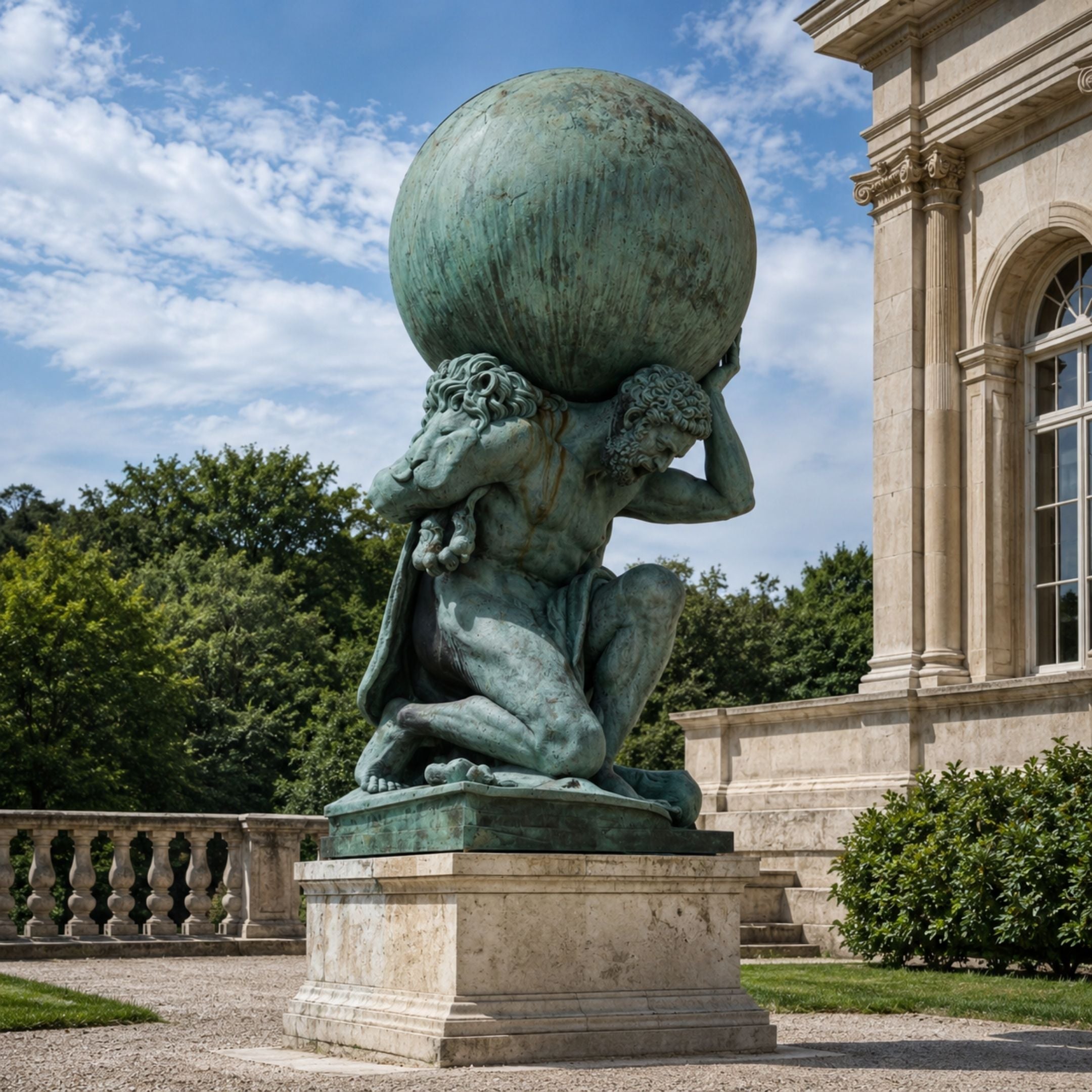 Monumental Classical Atlas Kneeling with Globe and Lion Bronze Sculpture, 350cm, on a stone pedestal beside a classical building exterior.