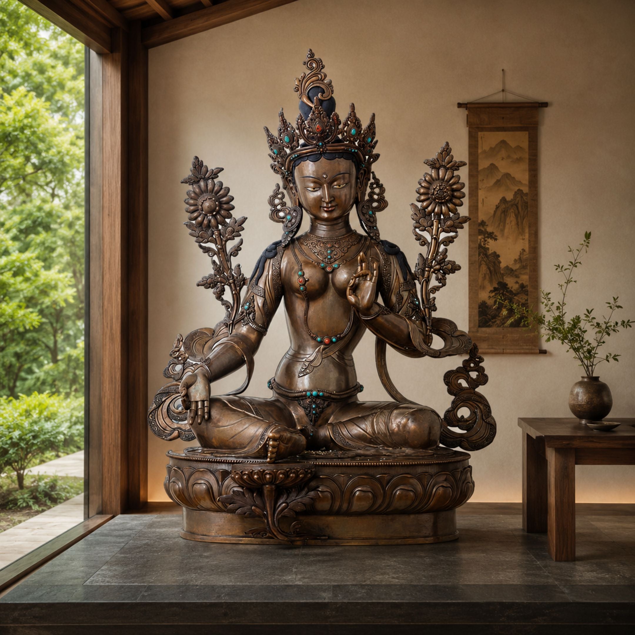 Large Traditional Green Tara Goddess Bronze Sculpture, 180cm, seated in padmasana on a lotus throne, shown indoors near a scroll painting and wooden table.