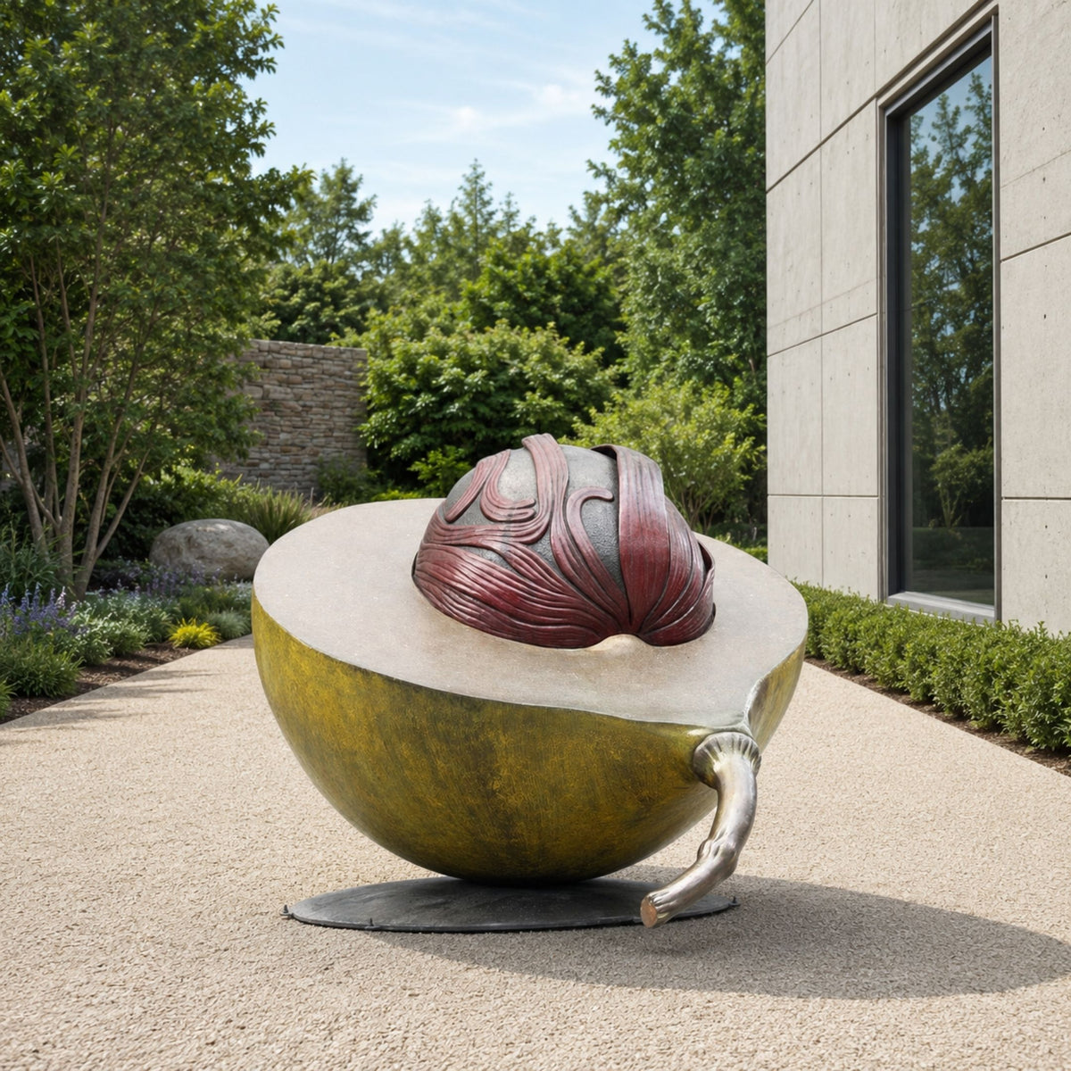 Monumental Contemporary Halved Avocado Bronze Sculpture, 220cm, in olive-gold and dark red multi-tone patina, displayed outdoors on a paved courtyard near trees and a modern building facade.