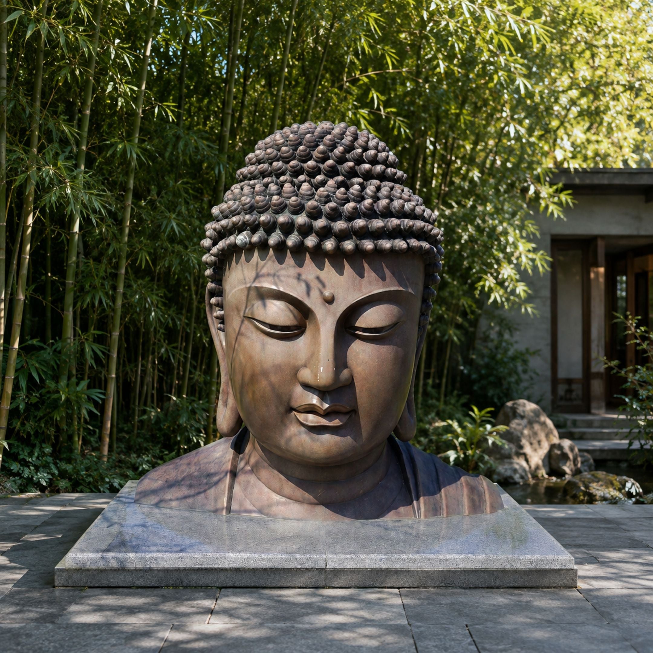 Large Traditional Buddha Head Bronze Bust, 180cm, on a stone platform outdoors with bamboo greenery, featuring downcast eyes and coiled curls.