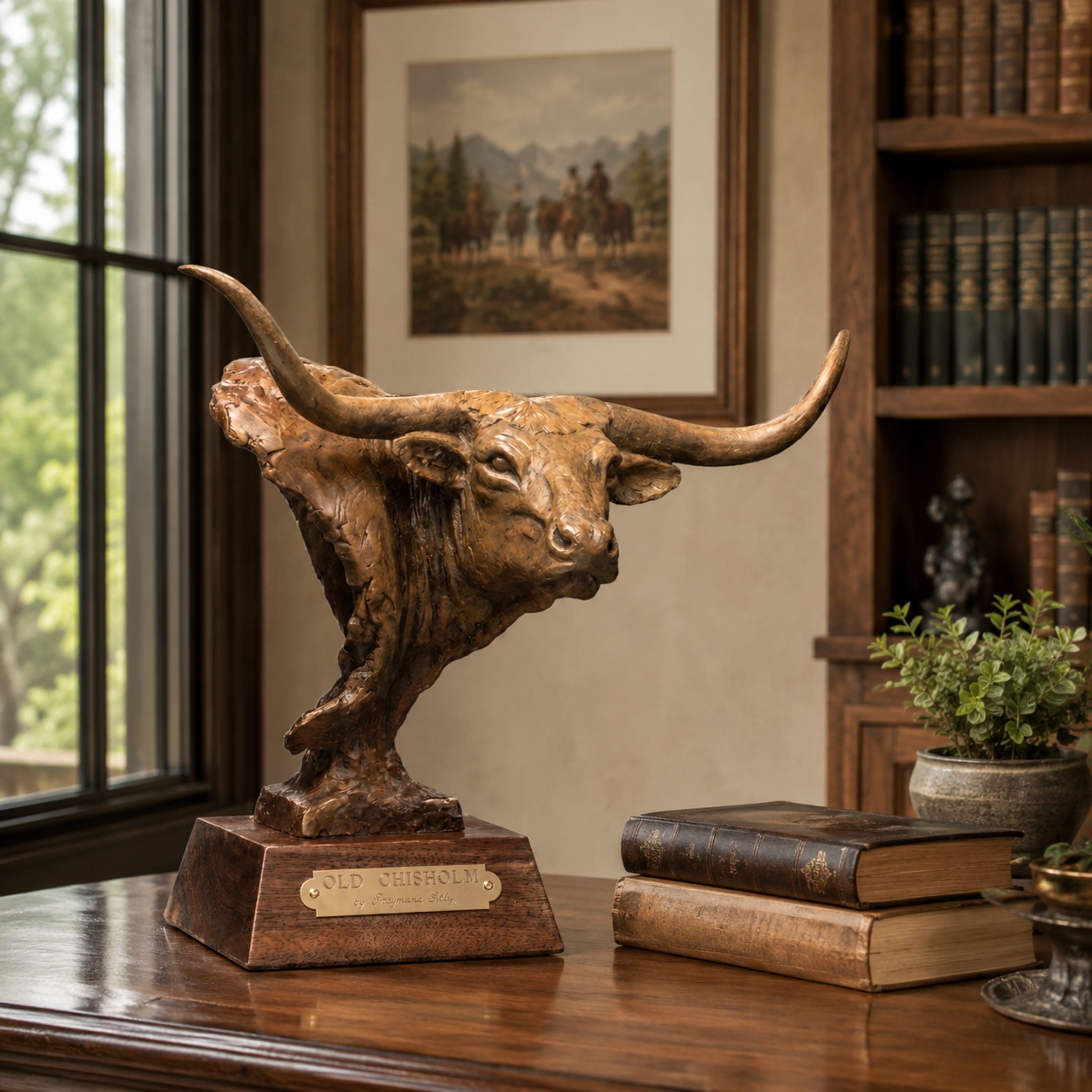 Traditional Longhorn Bull Head Bronze Bust, 35cm, on a wooden plinth with wide sweeping horns, displayed on a desk near books and a bookshelf.