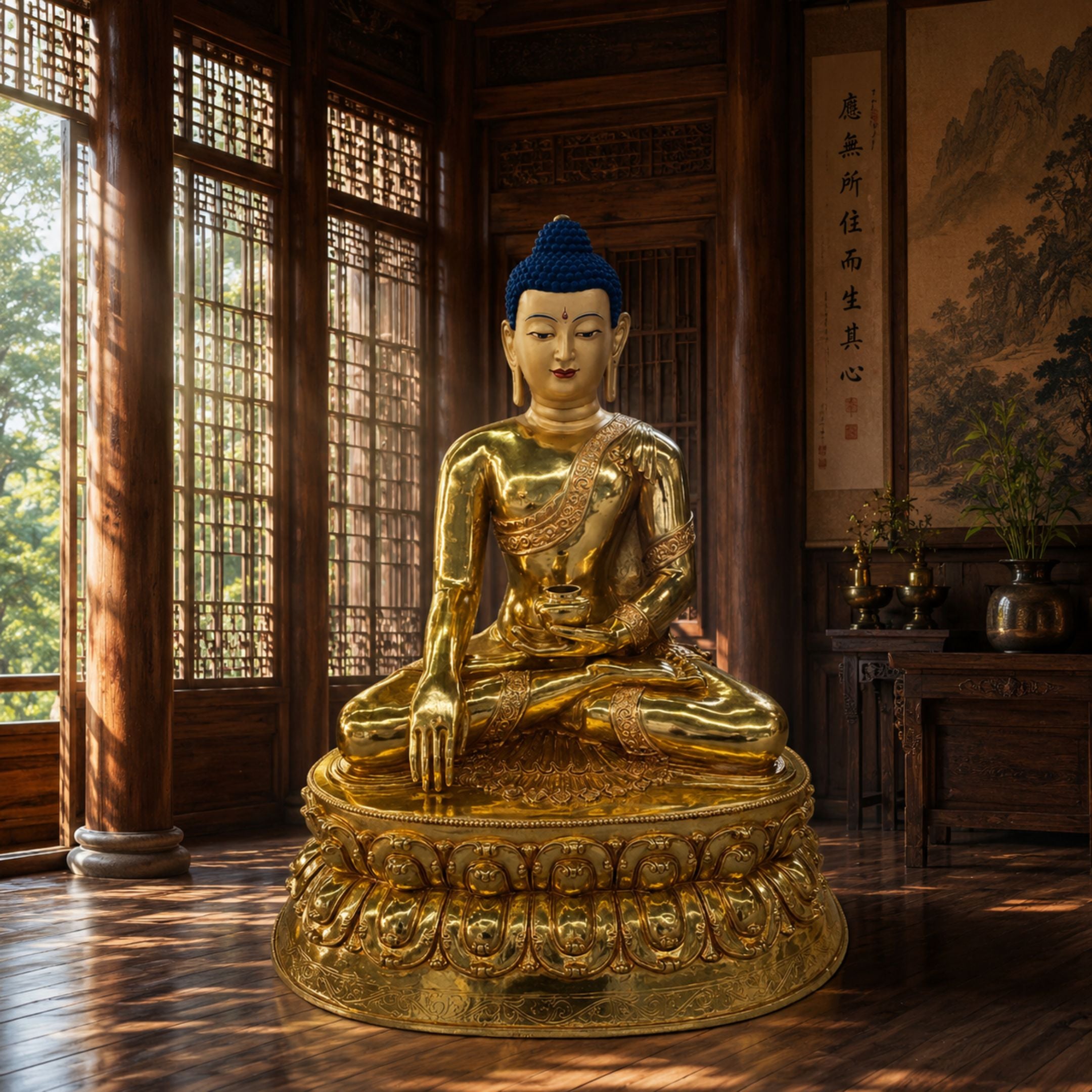 Large Traditional Seated Buddha Bronze Sculpture, 180cm, gold-finished meditation figure on a lotus throne, displayed in a wood-paneled room with latticed windows.