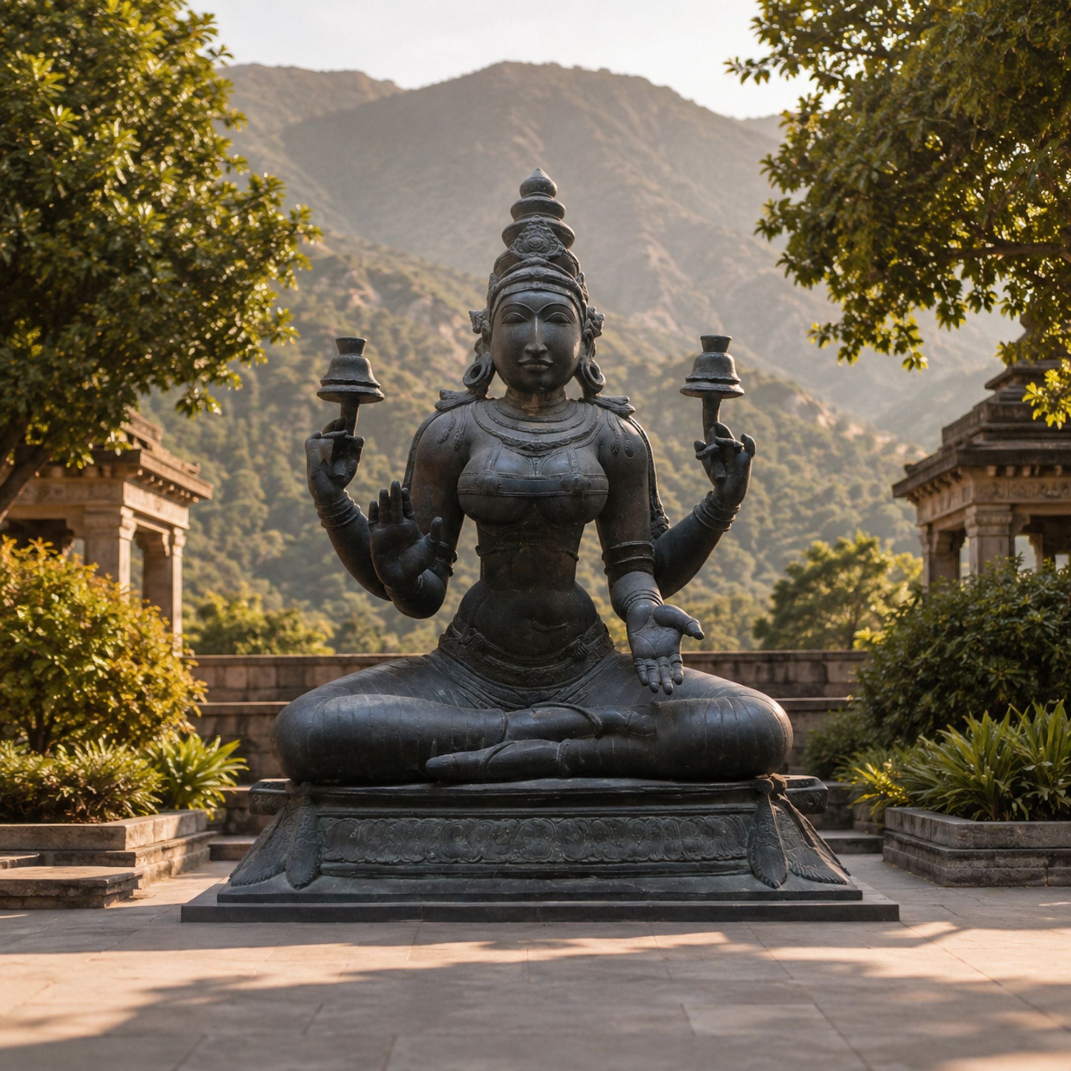 Monumental Traditional Four-Armed Goddess Bronze Statue, 300cm, seated in padmasana with tiered crown, black bronze finish, on a stone base amid a garden with hills behind.