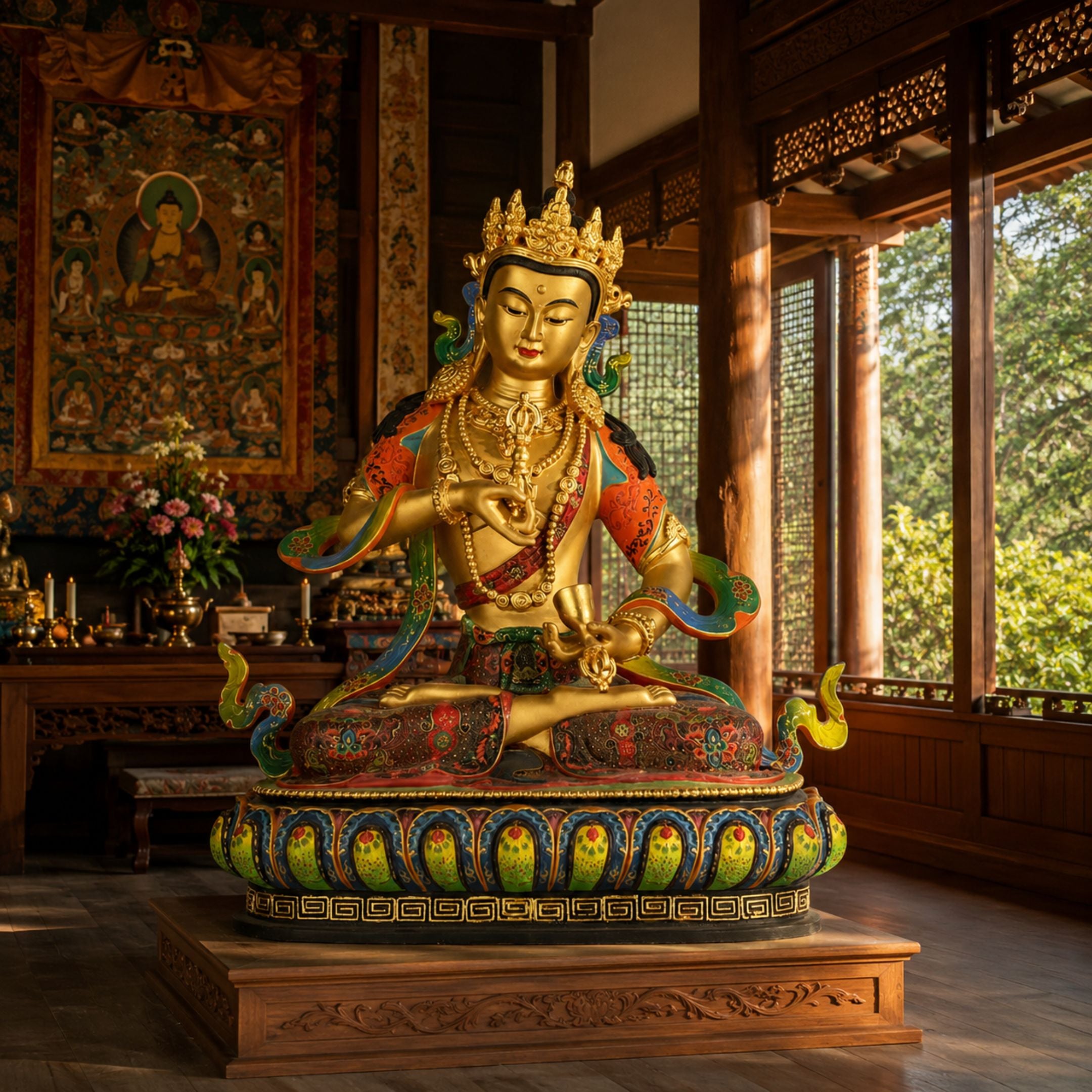 Life-Size Traditional Seated Vajrasattva Bodhisattva Bronze Statue - 250cm in gold finish with colorful enamel robes, displayed on a lotus base in a temple-style interior.