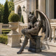 Large Classical Seated Gargoyle Demon Bronze Sculpture, 150cm, on a stone pedestal outside a classical building with balustrades and topiary.