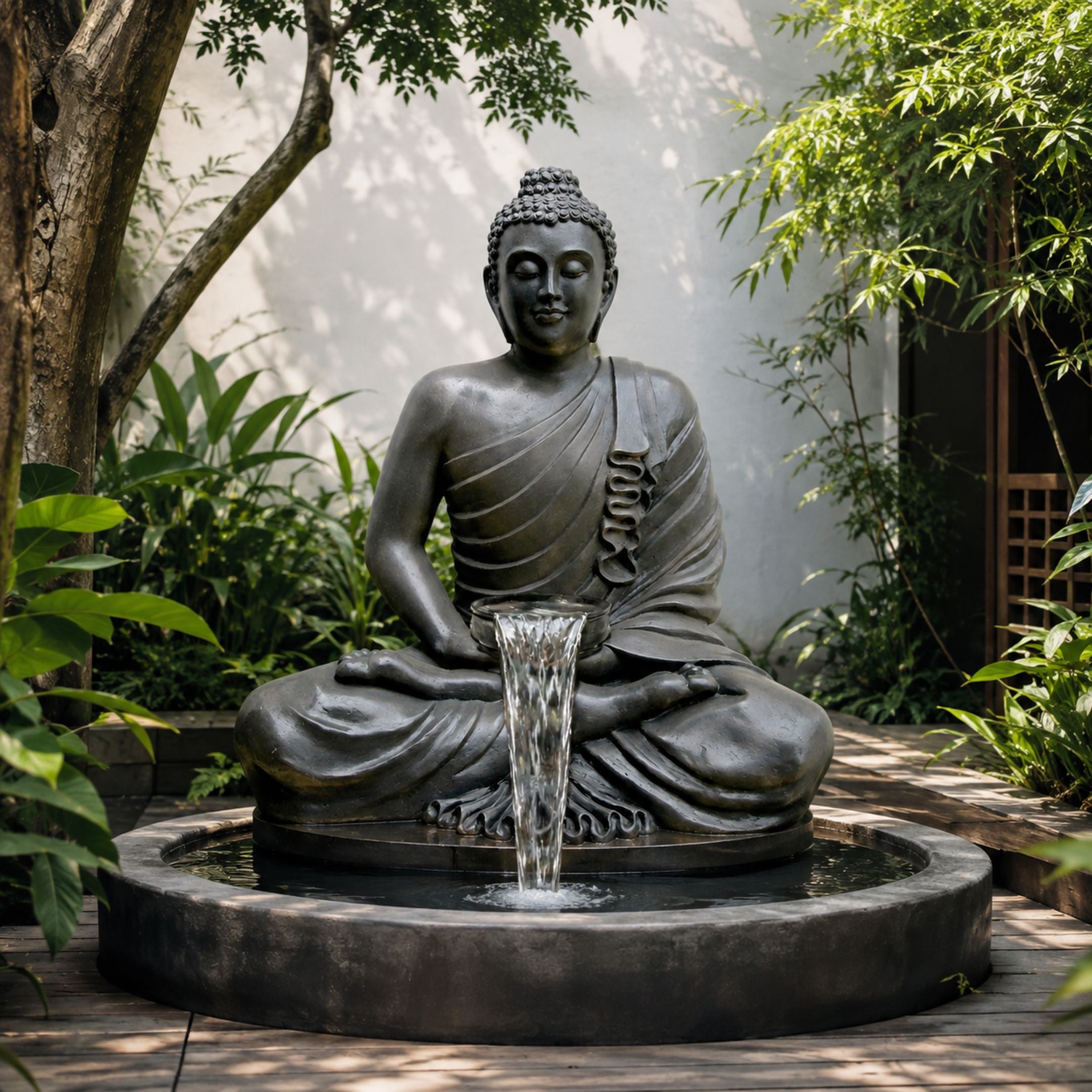 Large Traditional Meditating Buddha Bronze Fountain, 220cm, dark blackened patina, seated in lotus pose with cascading water, set in a garden courtyard pool.