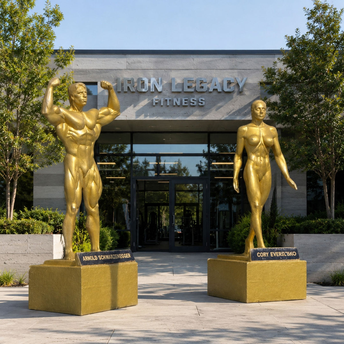 Life-Size Classical Muscular Nude Pair Bronze Sculpture, 260cm gold-toned figures in bodybuilding poses on plinths outside Iron Legacy Fitness entrance.