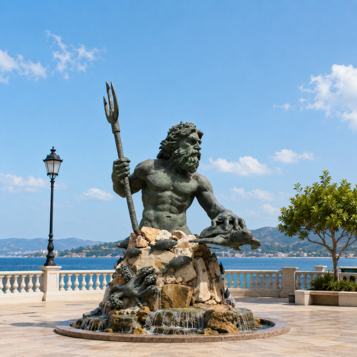 Monumental Classical Poseidon Bronze Sculpture, 450cm, muscular figure holding a trident and turtle atop a rocky, fish-adorned base by the seaside.