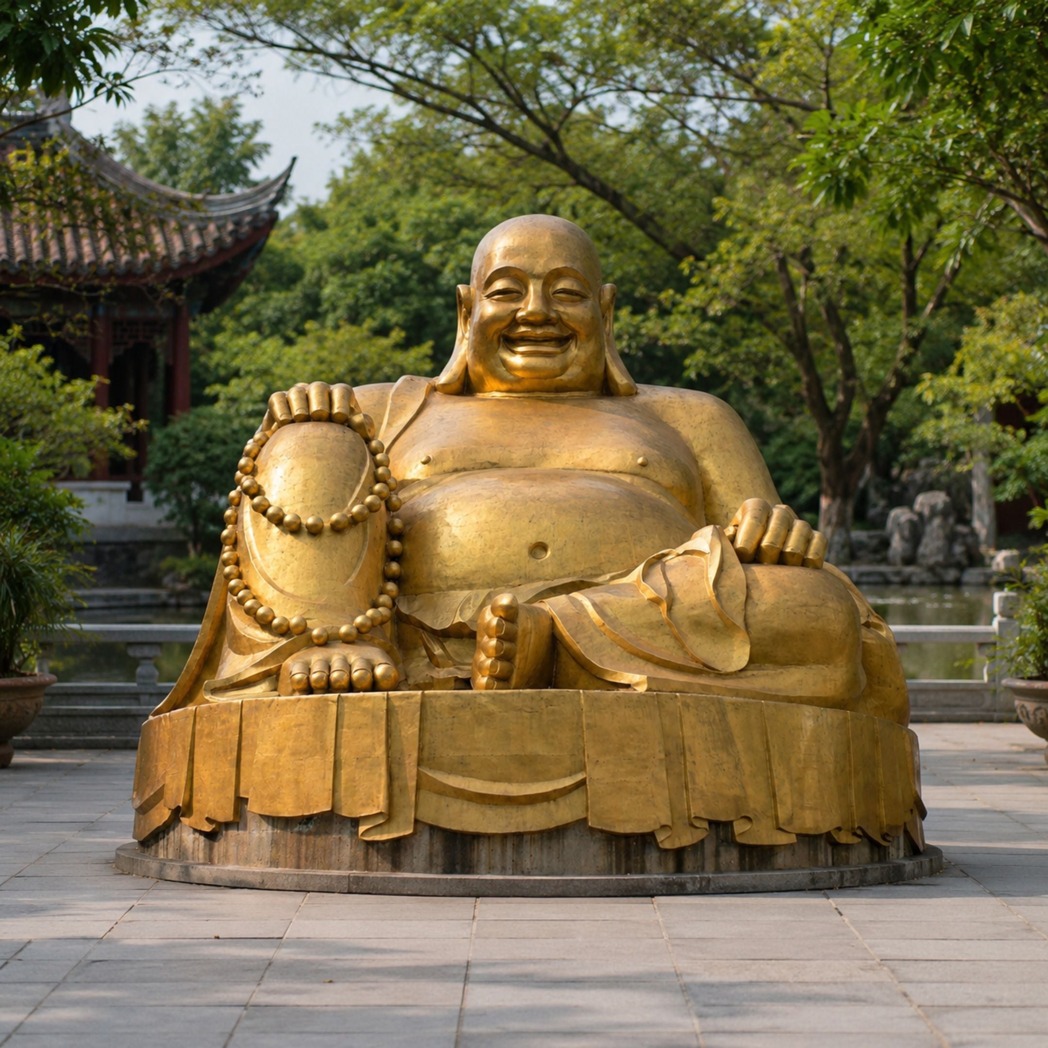 Monumental Traditional Seated Budai Bronze Sculpture, 220cm, gold-toned laughing Buddha holding prayer beads on a stone base outdoors near a pavilion.