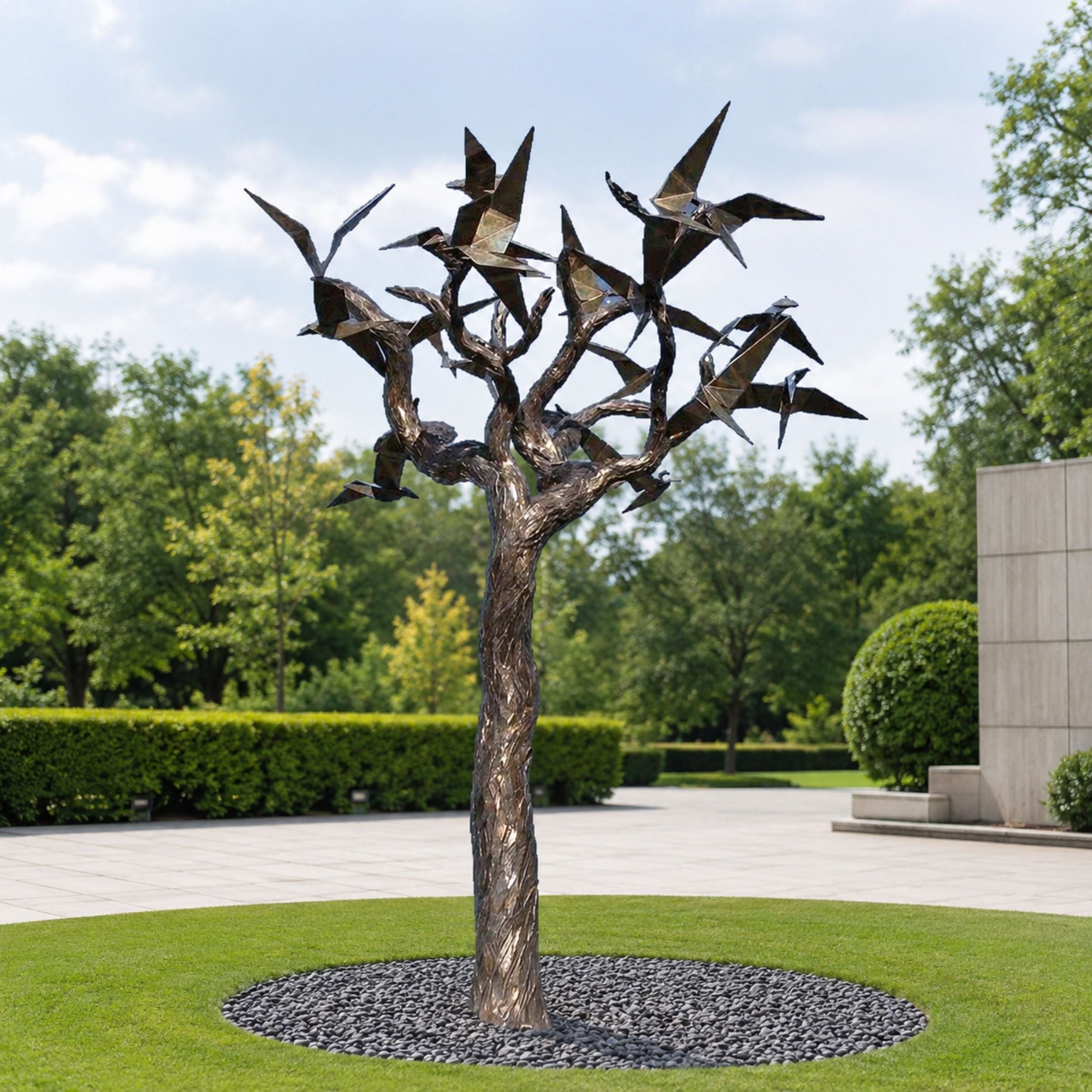 Monumental Contemporary Bird and Tree Bronze Sculpture, 800cm, patinated bronze tree with stylized birds in flight, set on gravel circle in a landscaped garden courtyard.