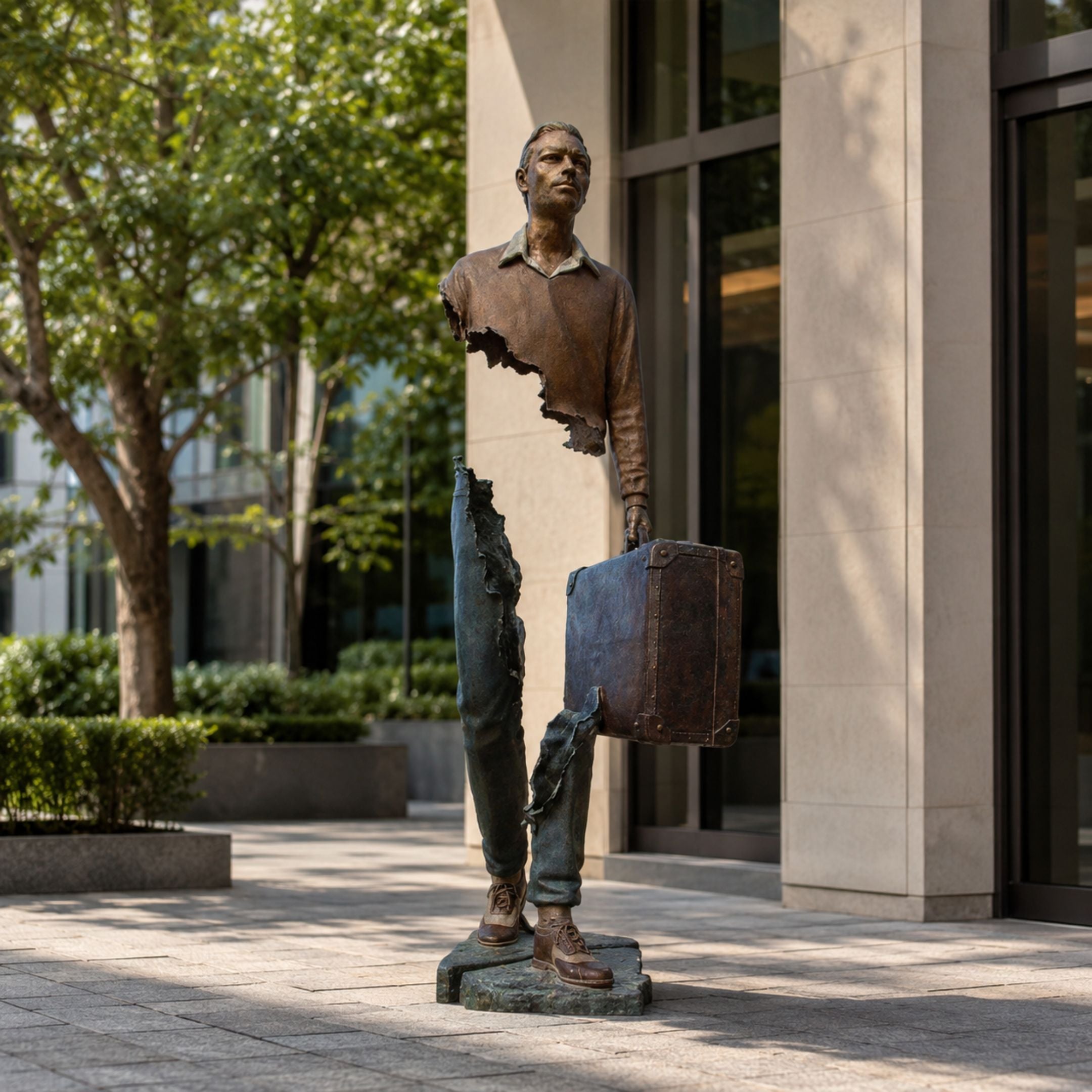 Large Contemporary Fragmented Traveller Bronze Sculpture, 210cm, a man with fragmented torso and legs holding a suitcase, on a stone base outside a modern building.