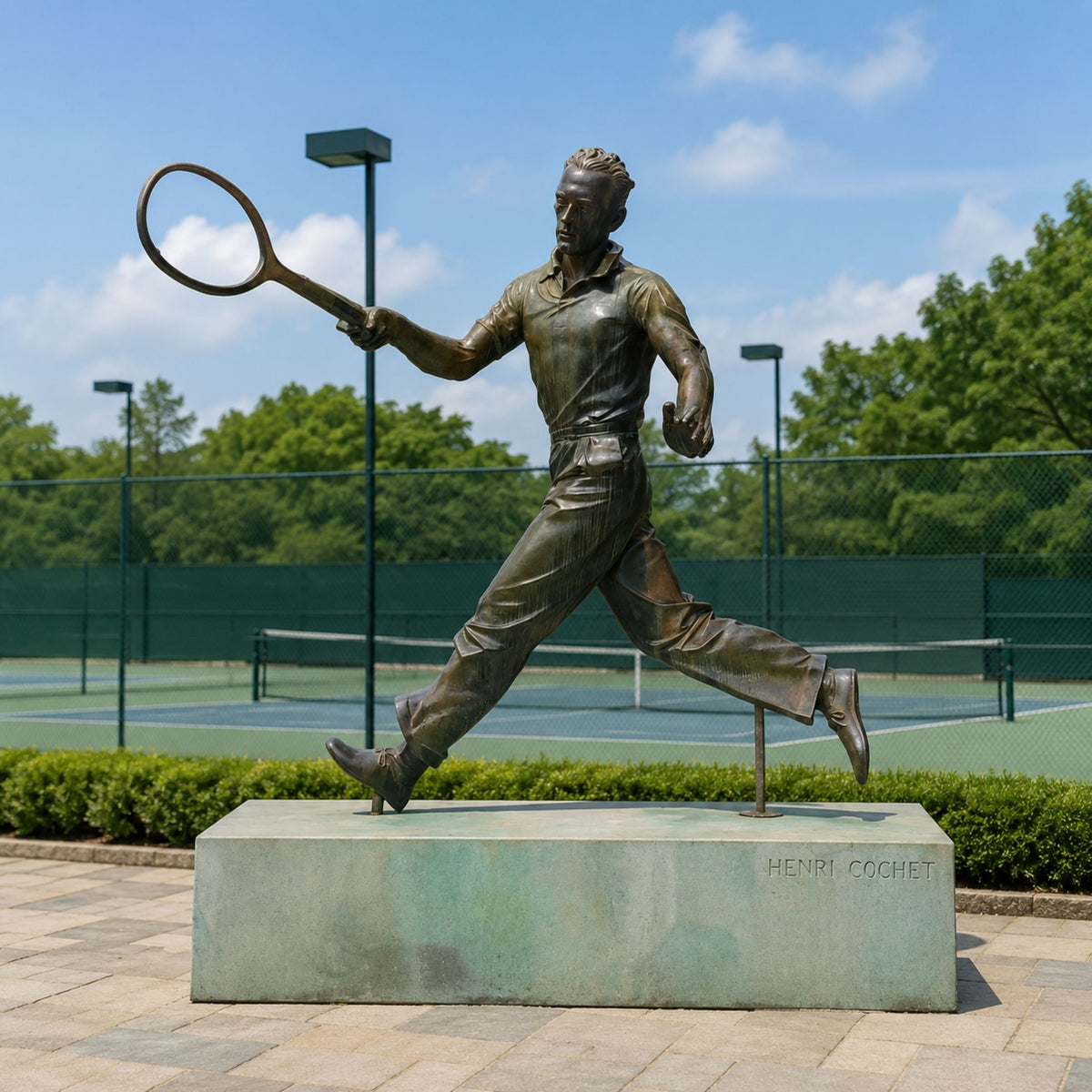 Life-Size Traditional Tennis Player Bronze Statue, 230cm, on a stone base engraved "Henri Cochet," mid-stride forehand swing, outdoor tennis court setting.