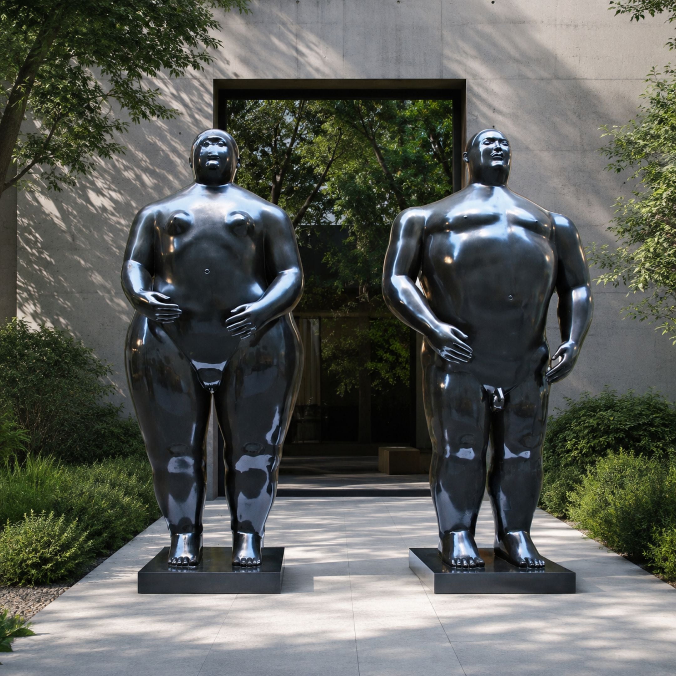 Monumental Contemporary Voluminous Standing Figures Bronze Sculpture, 350cm, mirror-polished black bronze male and female figures on square bases outside a glass entrance.