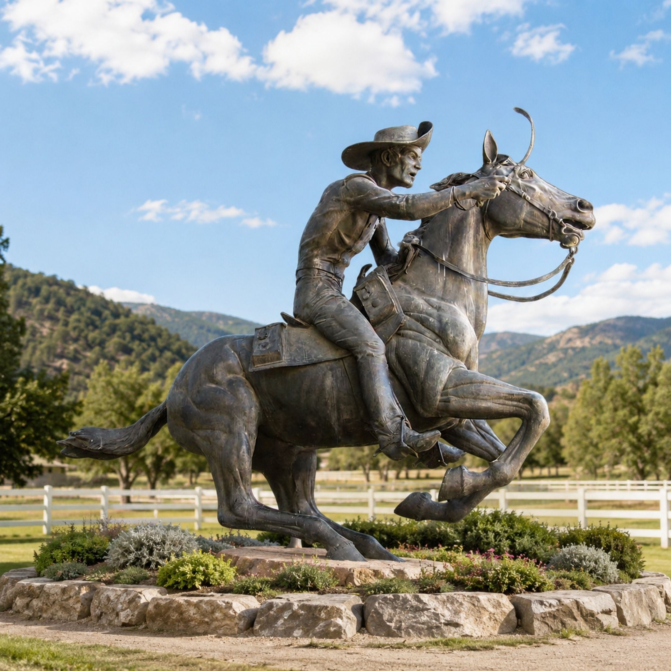 Life-Size Traditional Cowboy Riding Galloping Horse Bronze Sculpture, 400cm, by Giant Sculptures, set on a stone-edged garden bed with mountains and white fencing behind.