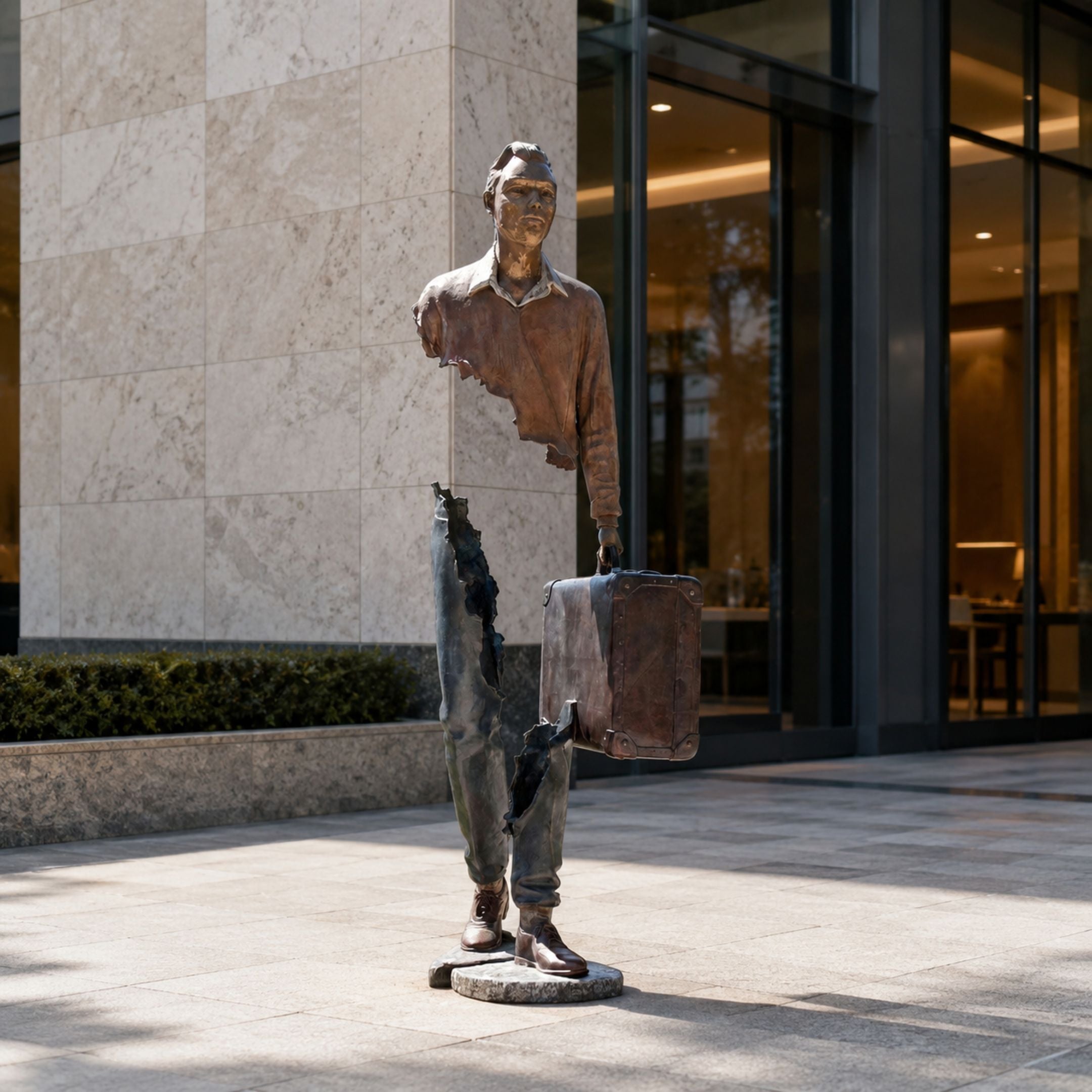 Large Contemporary Fragmented Traveller Figure Bronze Sculpture, 210cm, showing a striding male figure with fragmented torso holding a suitcase, displayed outdoors on stone paving near a glass building facade.