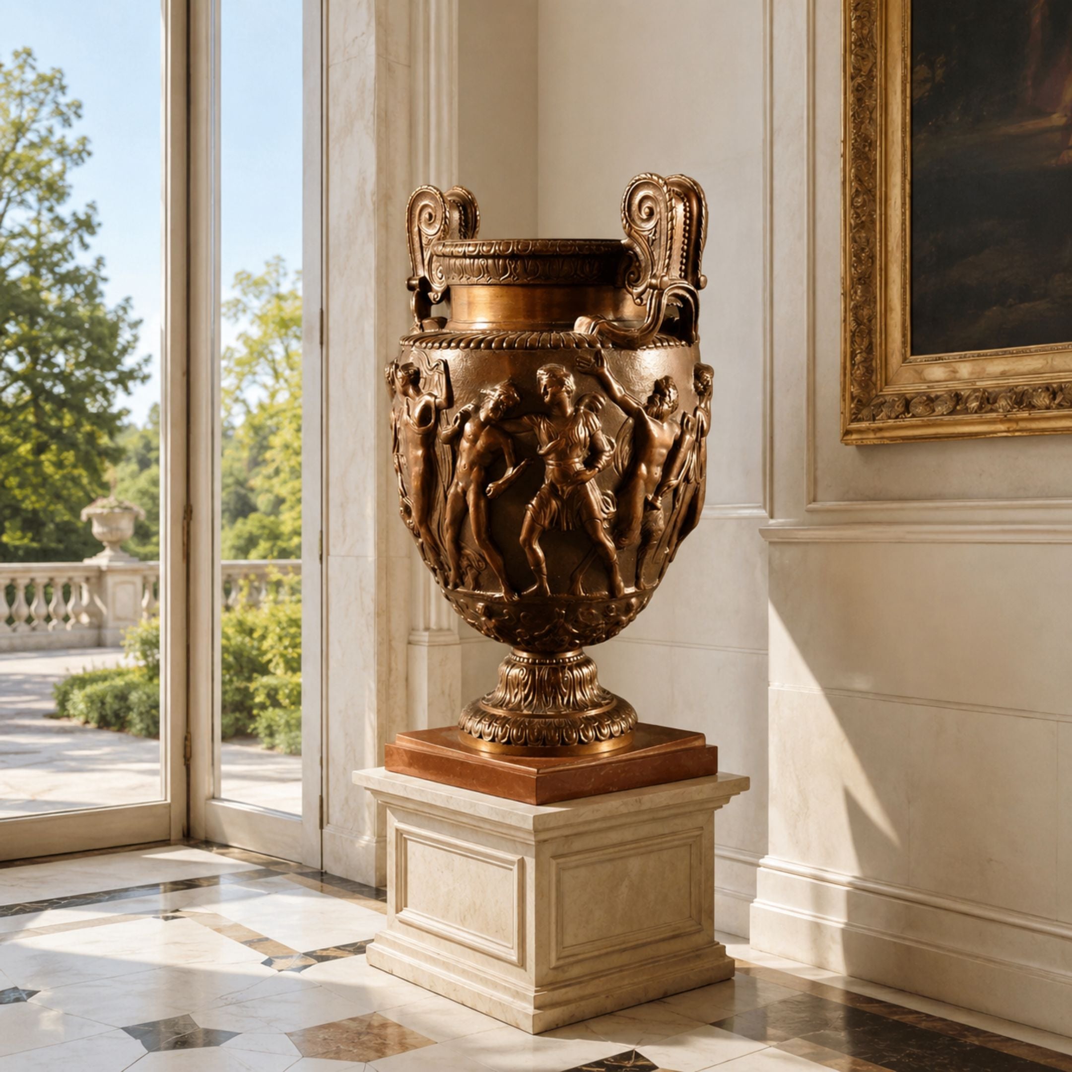 Classical Bronze Urn Vase with Figural Frieze Sculpture, 100cm, on a marble plinth beside glass doors in a light-toned interior with garden views.