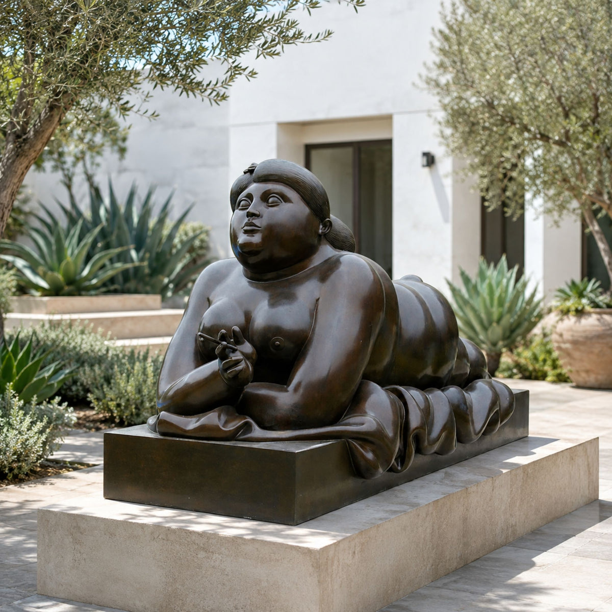 Life-Size Contemporary Reclining Female Figure Bronze Sculpture, 180cm, dark bronze finish on a rectangular plinth, shown in an outdoor courtyard with succulents and trees.