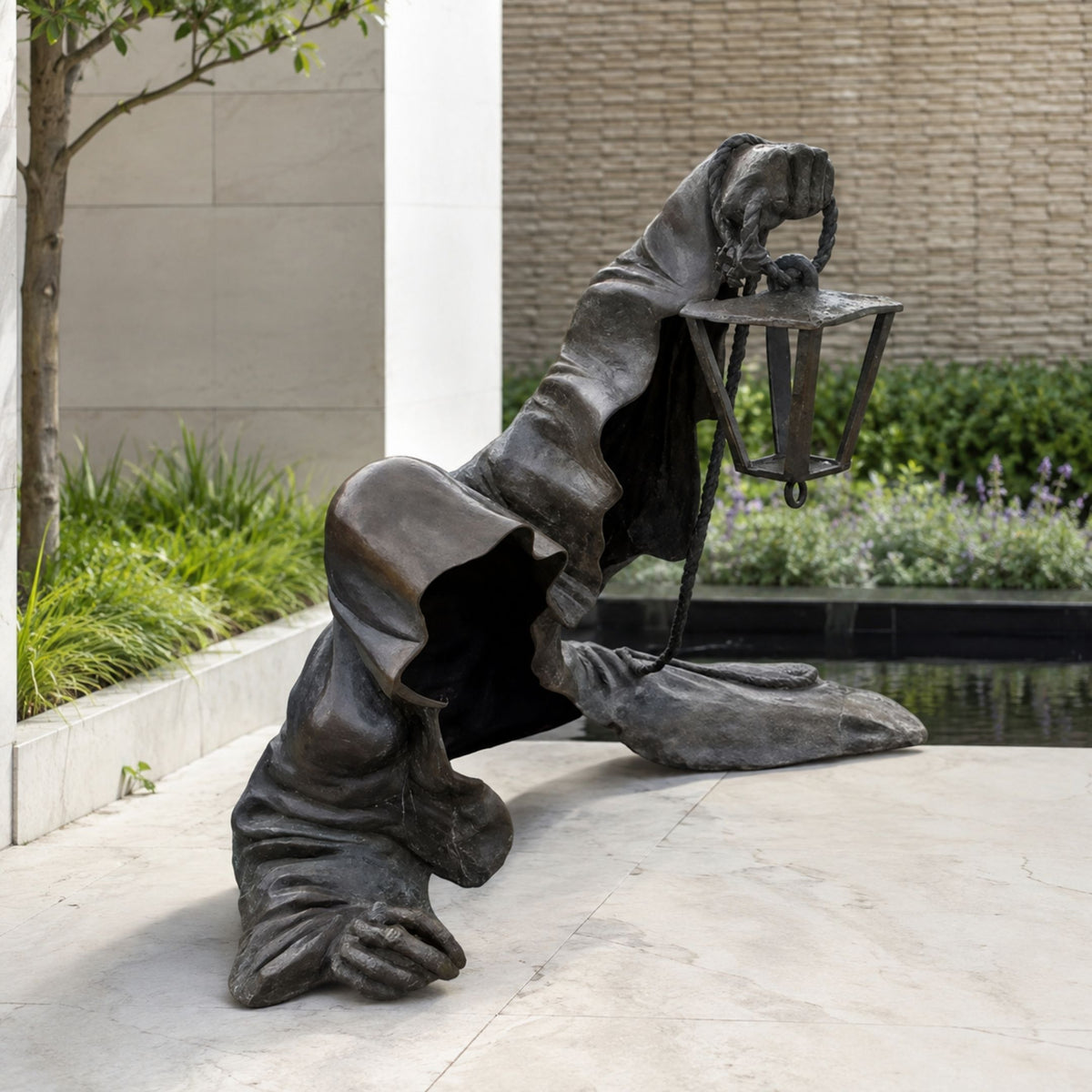 Contemporary Hooded Phantom Figure Bronze Sculpture, 150cm, shown in a courtyard, cloaked figure crawling low with arm raised holding a lantern by its chain.