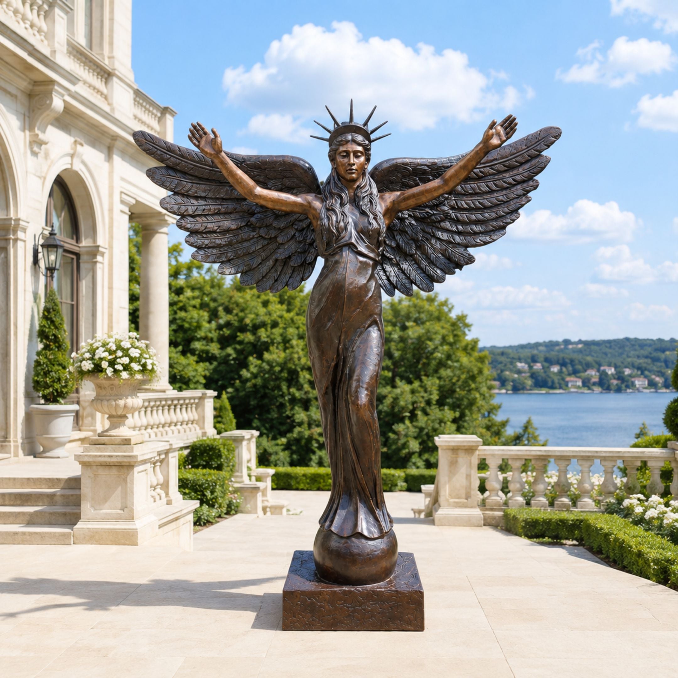 Monumental Classical Standing Angel Bronze Sculpture, 250cm, with outstretched wings and spiked crown, displayed on a terrace overlooking a lake.