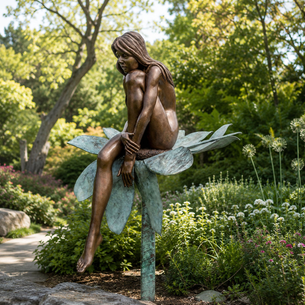 Life-Size Contemporary Seated Female Figure Bronze Sculpture, 250cm, nude figure with knees drawn up seated on a lotus-form perch atop a tall stem, set in a garden among greenery and flowers.