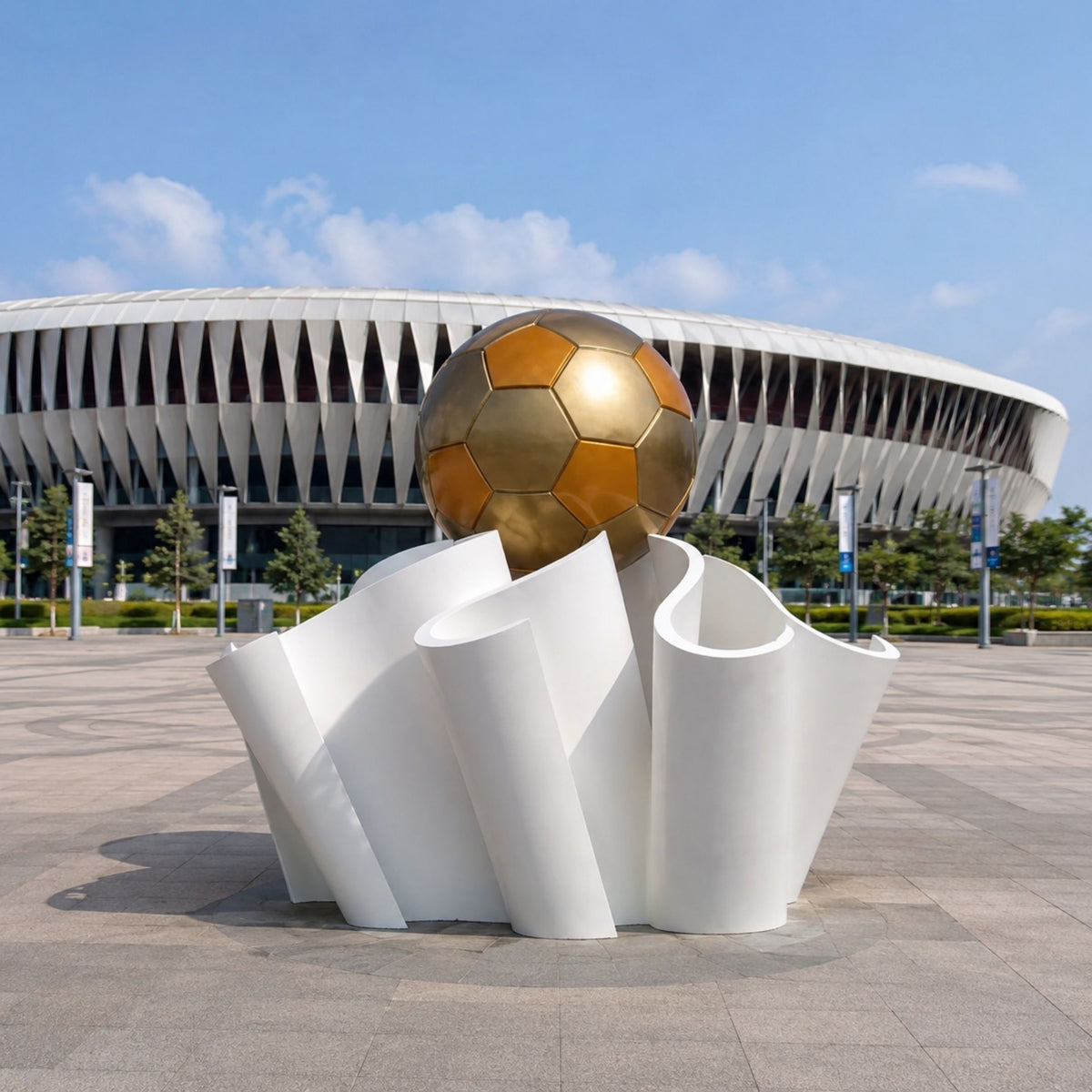 Monumental Contemporary Gold Football Bronze Sculpture, 400cm, gold hexagonal ball atop a white scroll-form base, outdoors near a stadium plaza.