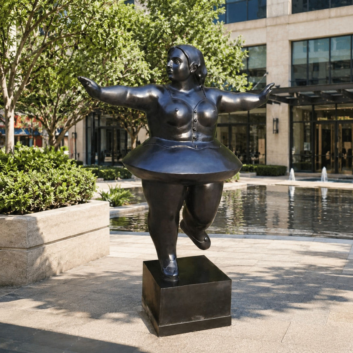 Life-Size Contemporary Rotund Dancer Bronze Sculpture, 220cm, black bronze figure balanced on one heel with arms outstretched, displayed on a pedestal in an outdoor plaza near a fountain.