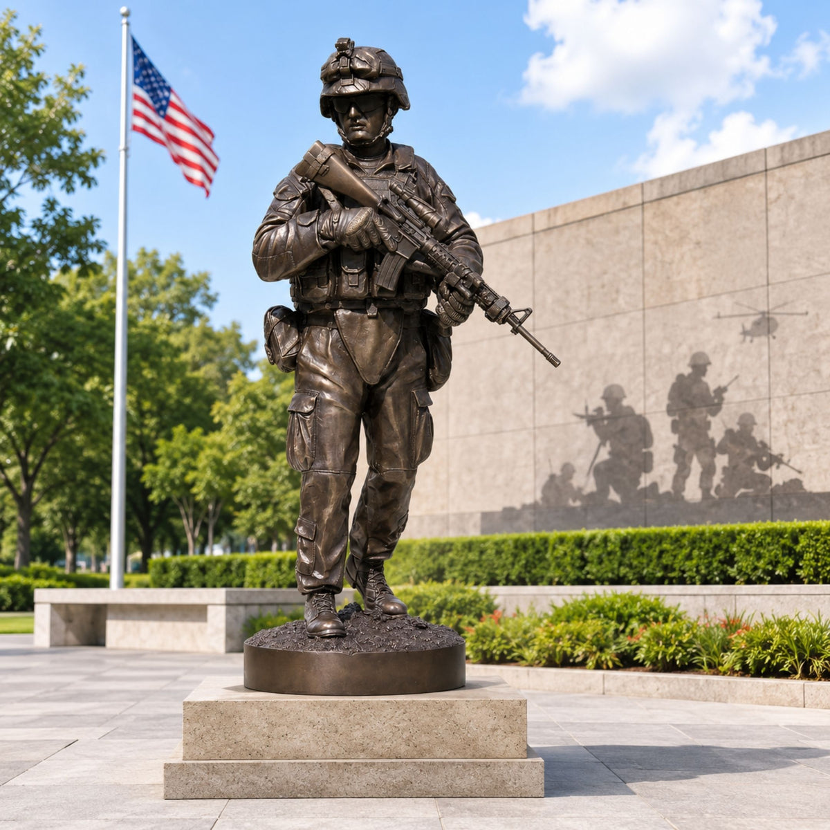 Monumental Contemporary Combat Soldier Bronze Statue, 220cm, standing on a stone pedestal holding a rifle, with an American flag and memorial wall behind.