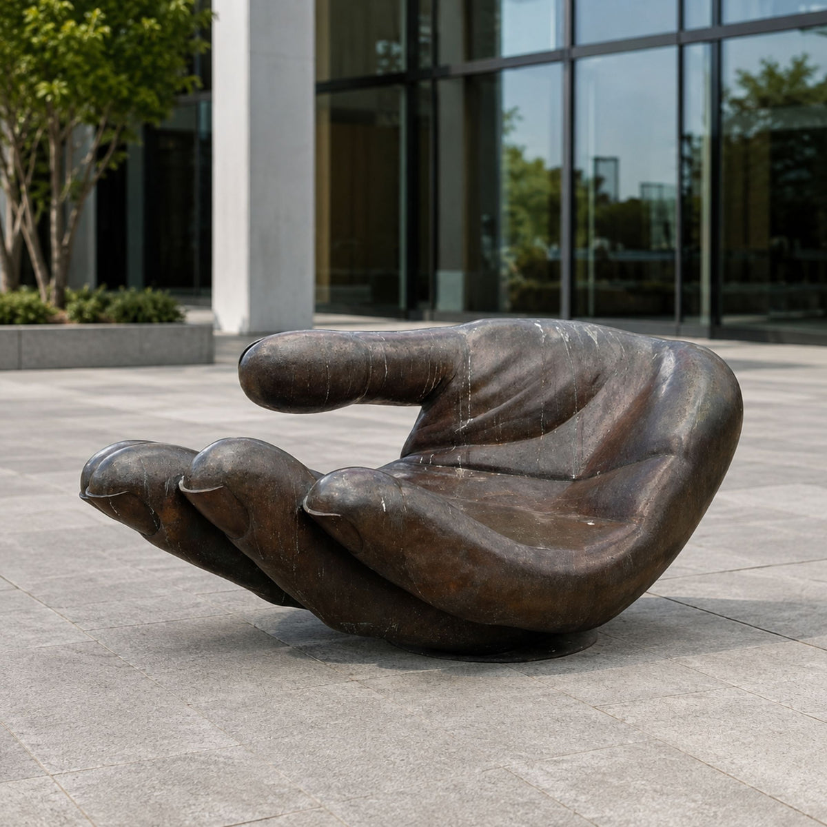 Monumental Contemporary Cupped Hand Bronze Sculpture, 150cm, an oversized open palm with curled fingers on a paved outdoor plaza near glass buildings.