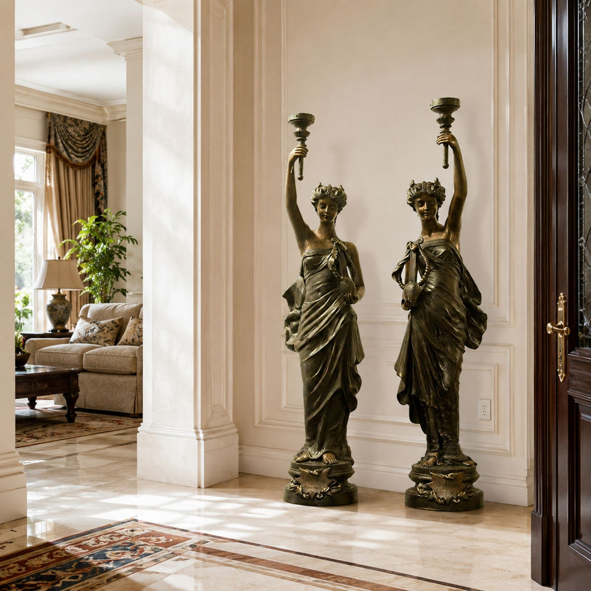 Large Classical Goddess Pair Bronze Sculpture - 180cm, two robed bronze figures raising torchères, displayed in an entryway beside a living room with beige sofa.