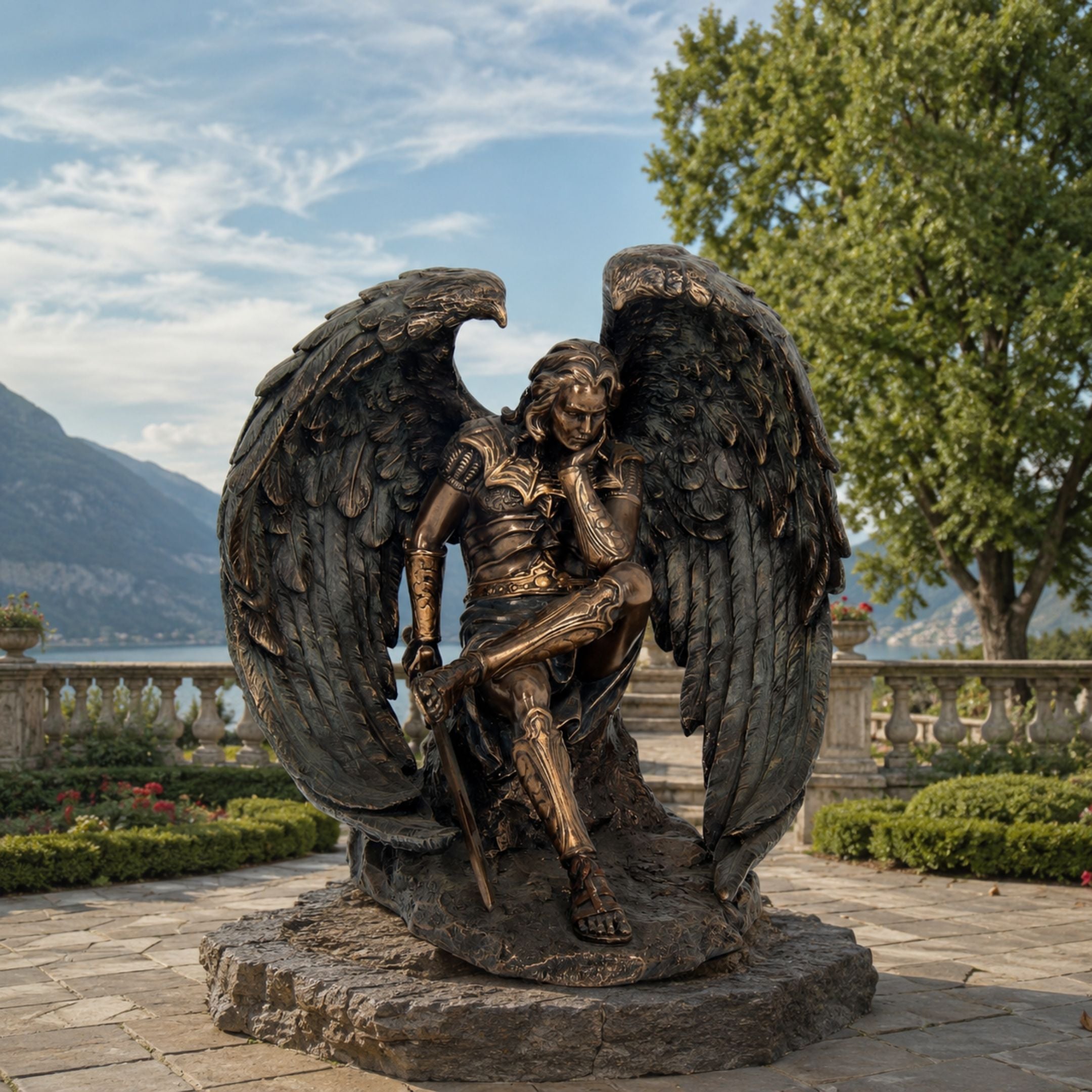 Monumental Classical Fallen Angel Bronze Sculpture, 200cm, seated armoured figure with wide feathered wings, head resting on hand, sword in hand, on a rock-textured base in an outdoor terrace setting.
