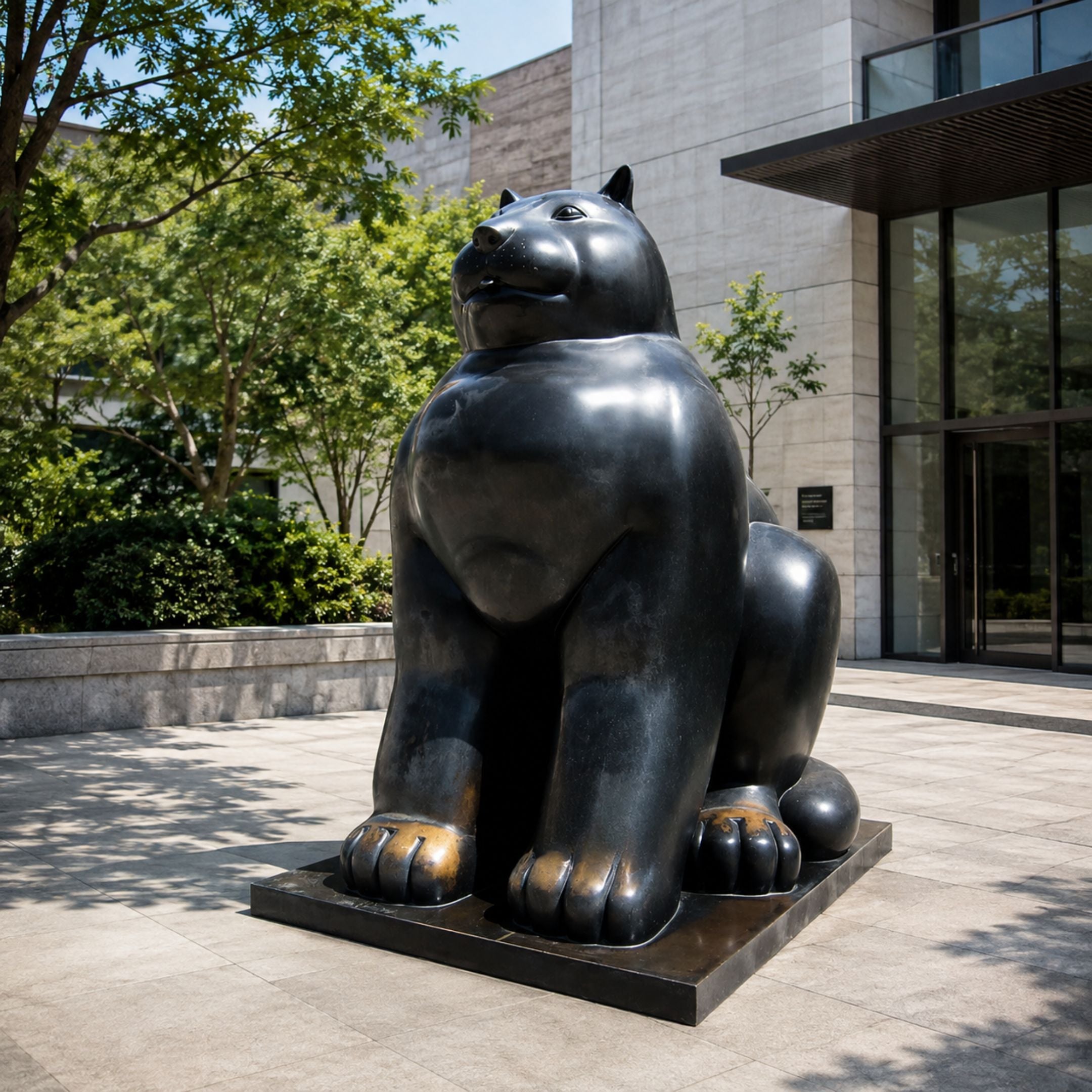 Monumental Contemporary Rotund Seated Cat Bronze Sculpture, 300cm, black bronze finish, seated on a base outside a glass-fronted building.