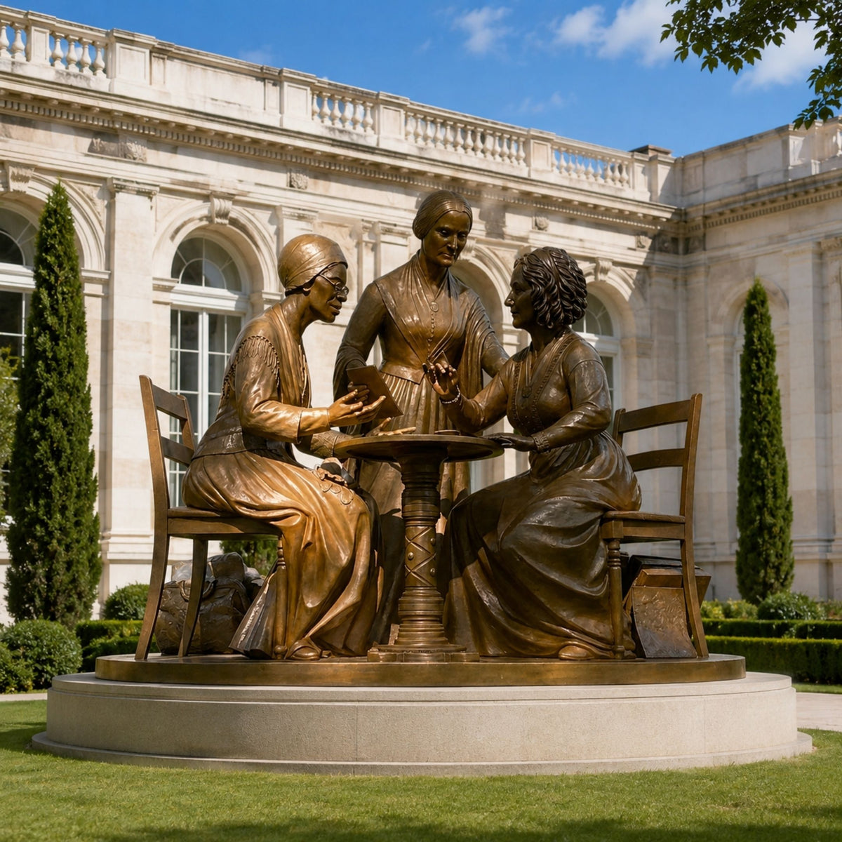 Monumental Classical Three Seated Figures Bronze Sculpture, 350cm, showing three women in period dress seated around a pedestal table outside a stone building.