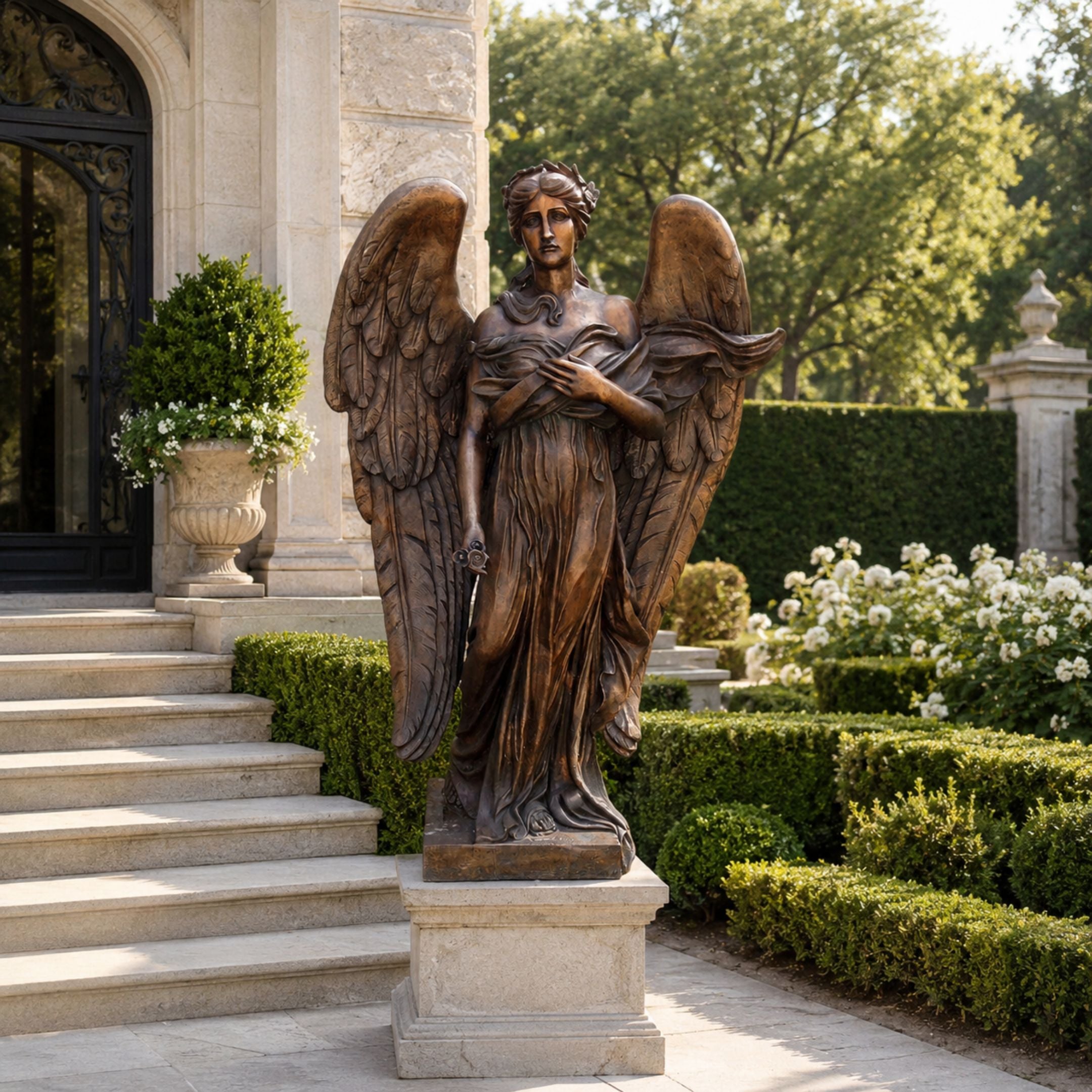 Large Classical Standing Angel Bronze Sculpture, 240cm, with outstretched wings and draped robes on a stone pedestal beside garden steps.