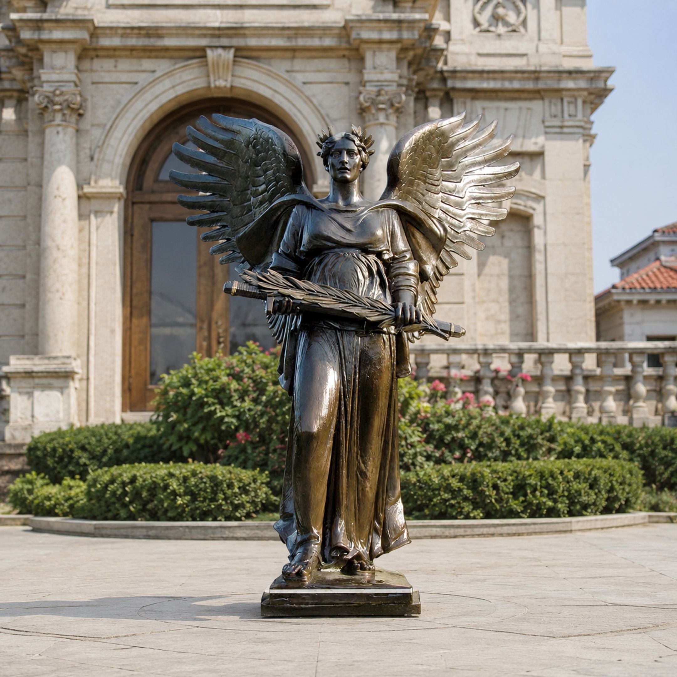 Life-Size Classical Standing Angel Bronze Sculpture, 220cm, with raised wings and a palm frond, displayed on a stone plaza before a classical building facade.